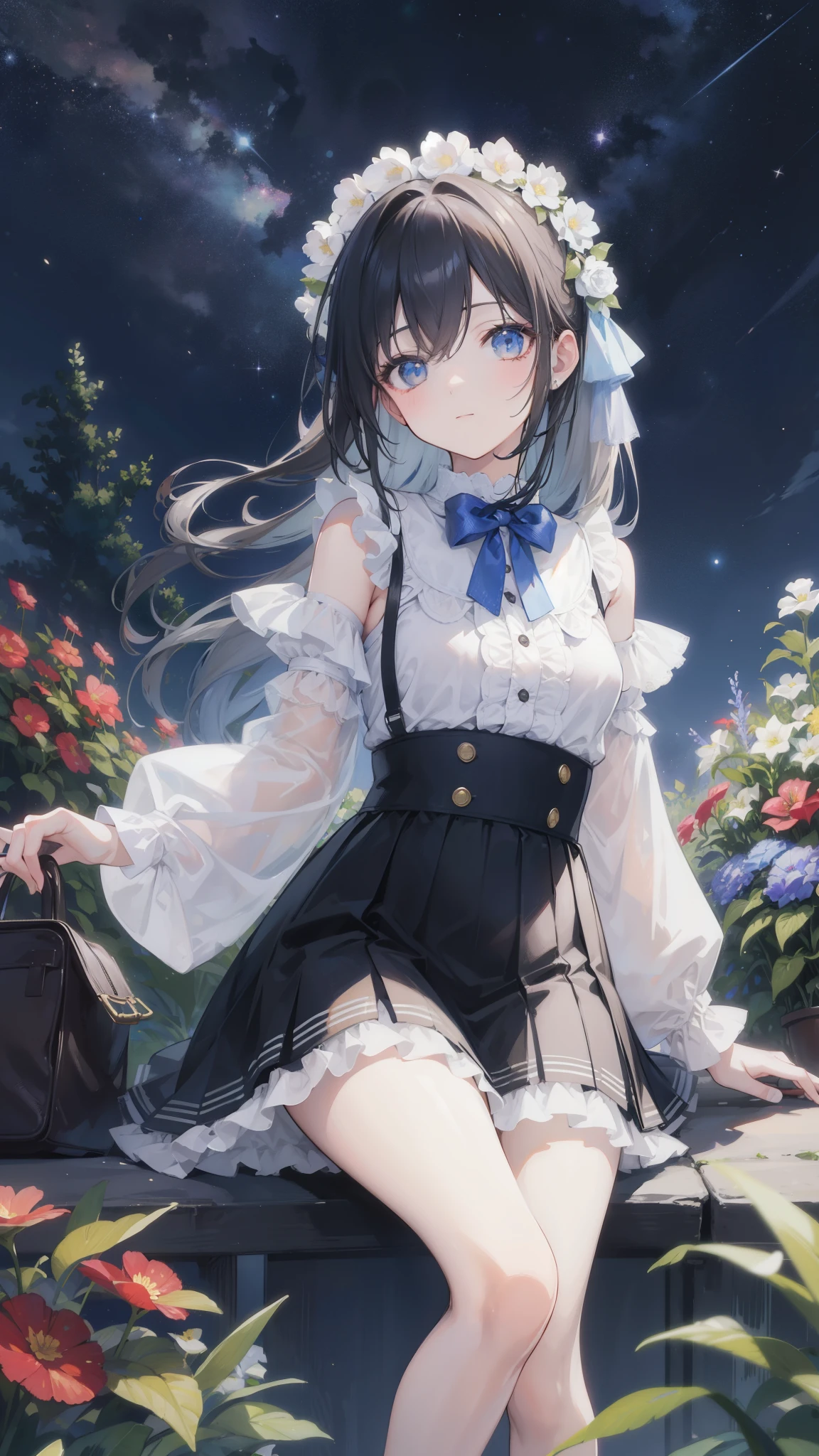 32k, highest quality, expensive_solve, clear_image, detailed background, girl, flower, garden, starry sky, Beautiful modeling,