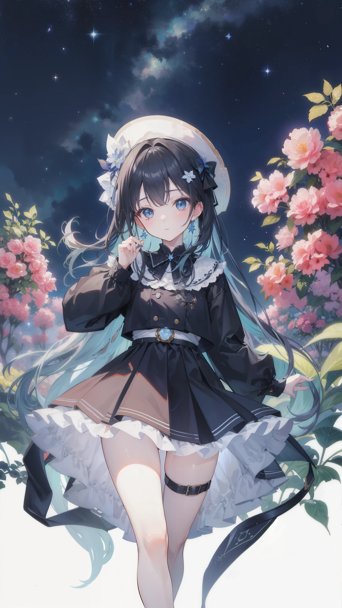 32k, highest quality, expensive_solve, clear_image, detailed background, girl, flower, garden, starry sky, Beautiful modeling,