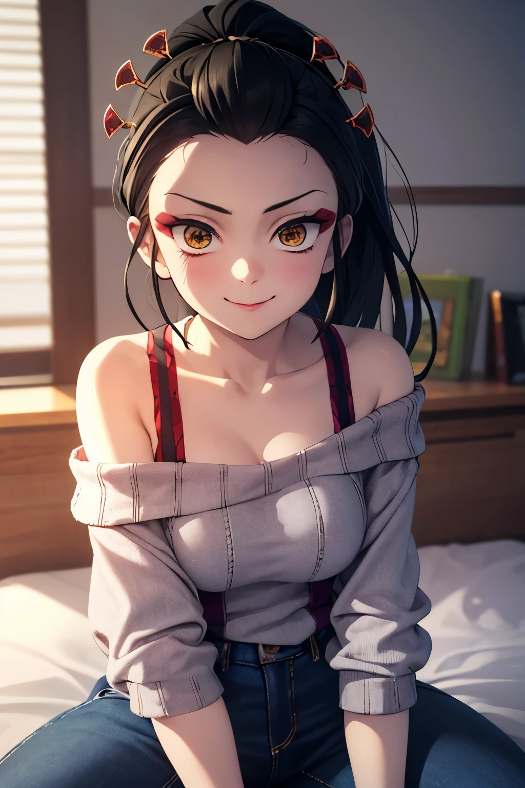 masterpiece,hyper quality, very detailed, perfect picture, CG, 3D, 8k, shape, Demon slayer, Fallen Princess, beautiful face girl, one beautiful girl, スリーサイズ B90W60H95, Droopy eyes but cute, Also々Cute but cute expression, cute smile, black hair, ponytail, Upper body (off shoulder knit:1.3), denim pants, sit on bed