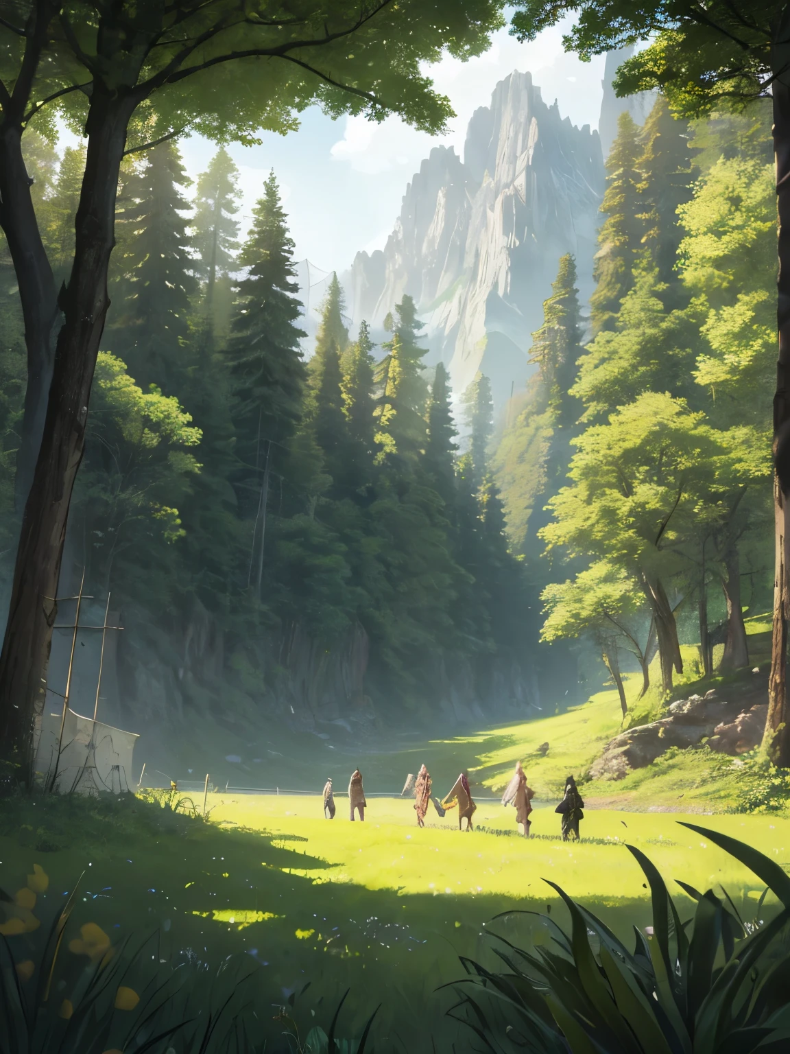 In a green meadow stands a girl leading a group of knights.
BREAK
With a brave expression, she guides them towards their destination.
BREAK
Behind her, a green forest stretches out and beyond that, mountains rise in the distance.
BREAK
The most suitable effect for this scene would be a watercolor painting technique to capture the softness of the meadow and the fluidity of the movement.