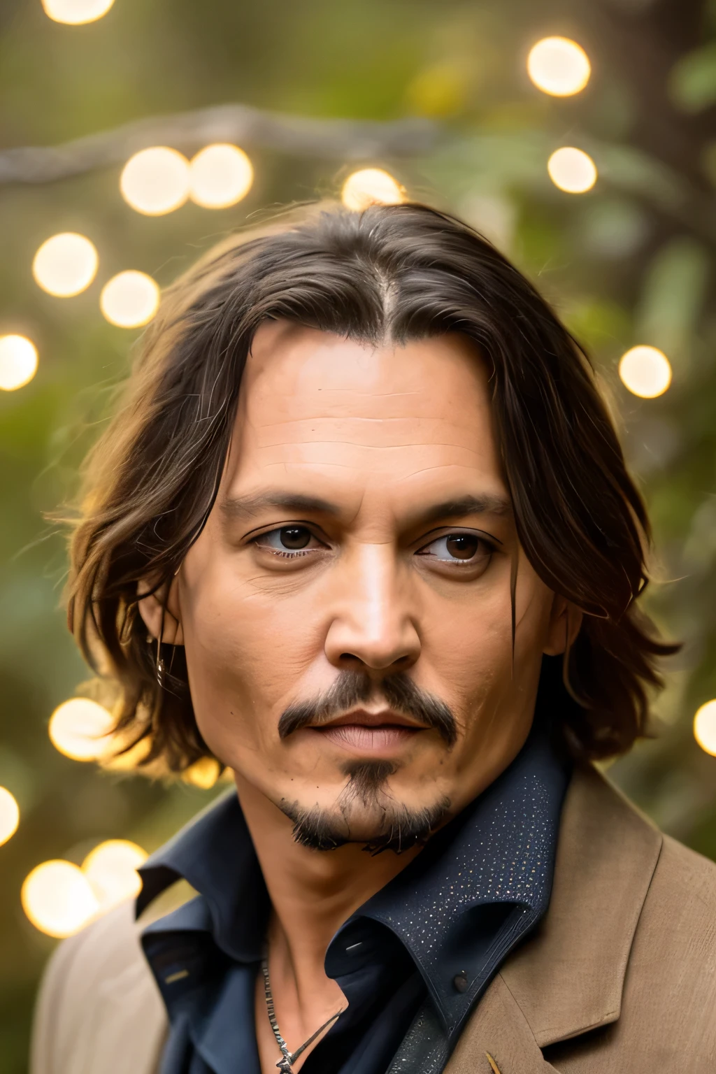 Masterpiece, Johnny Depp walks through the jungle (A Night Among Fireflies), (High detail:1 1), rough Face, Genuine Leather, high quality, NFV, Beautiful eyes, (detailed Face and eyes), (Face: 1 2), noise, Additional, real photo, PSD, photographic film with lamp, sharp focus, Contrasting lighting, detailed skin, 8K High Definition, Crazy detail, Realistic, Professional photography, 8k contract, SLR camera, Soft lighting, high quality, granularity, Фуджифильм XT3