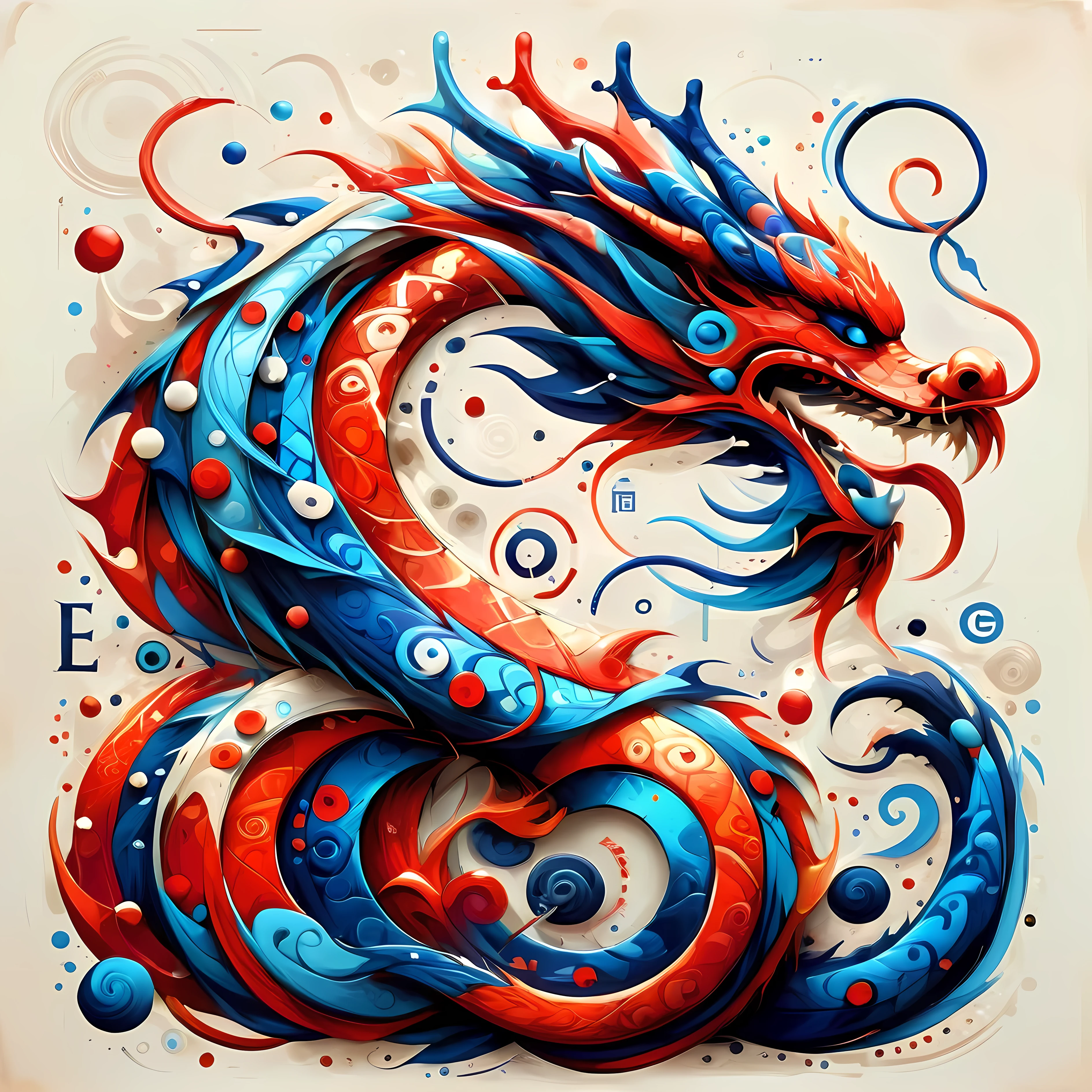 Alphabet dragon totem design，Abstract form of Chinese dragon，Scattered line shapes combined with English alphabet symbols，With international printing style，The expression of traditional dragon elements and modern international design，Red and indigo symbolize passion and depth，White background，portrait elements，celtic art，Use light and color to add depth，Enriching Dali&#39;s Surrealism&#39;style，Showing the unique fusion of traditional culture and modern aesthetics，masterpiece，4k，best quality，unique style，best lighting，Detailed environment。,
