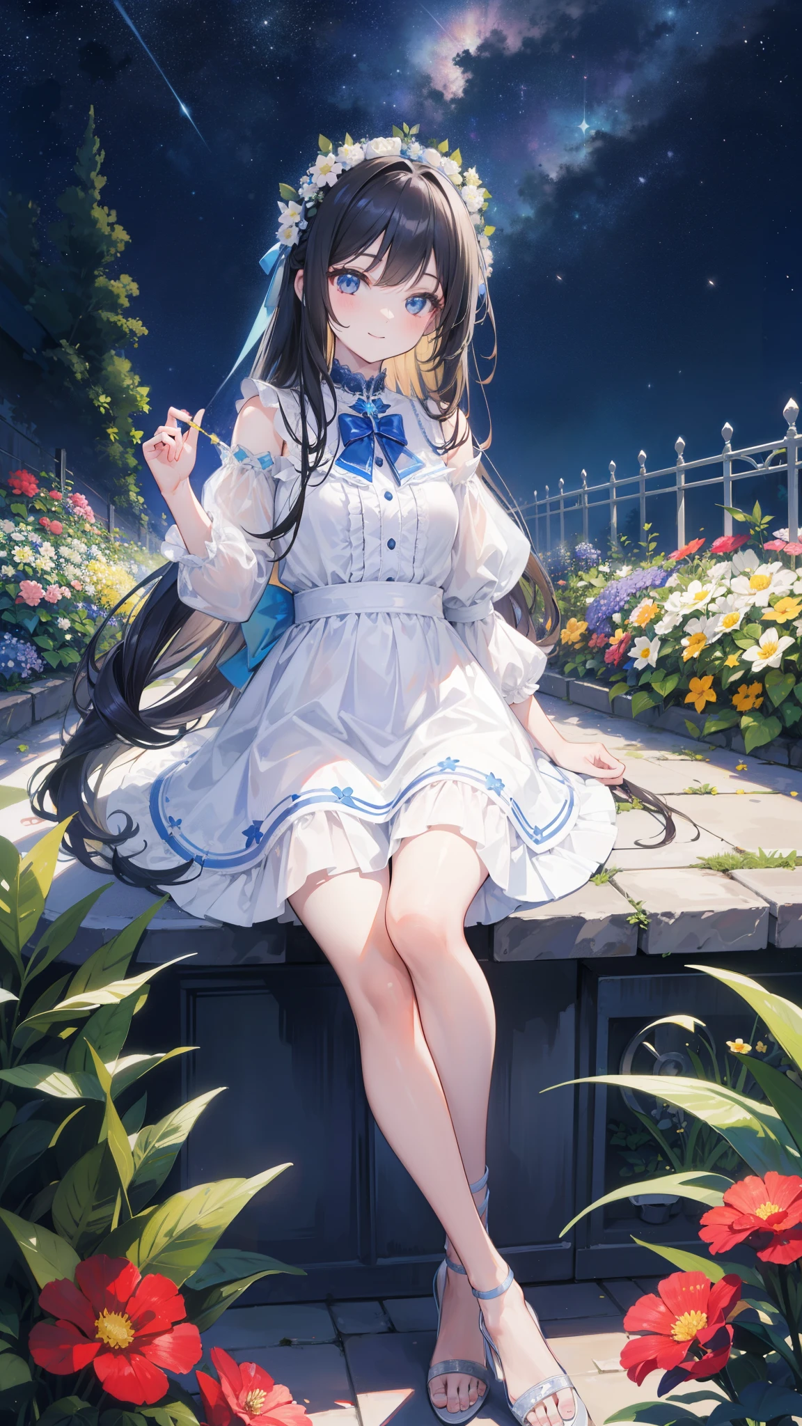 32k, highest quality, expensive_solve, clear_image, detailed background, girl, flower, garden, starry sky, Beautiful modeling, smile, 
