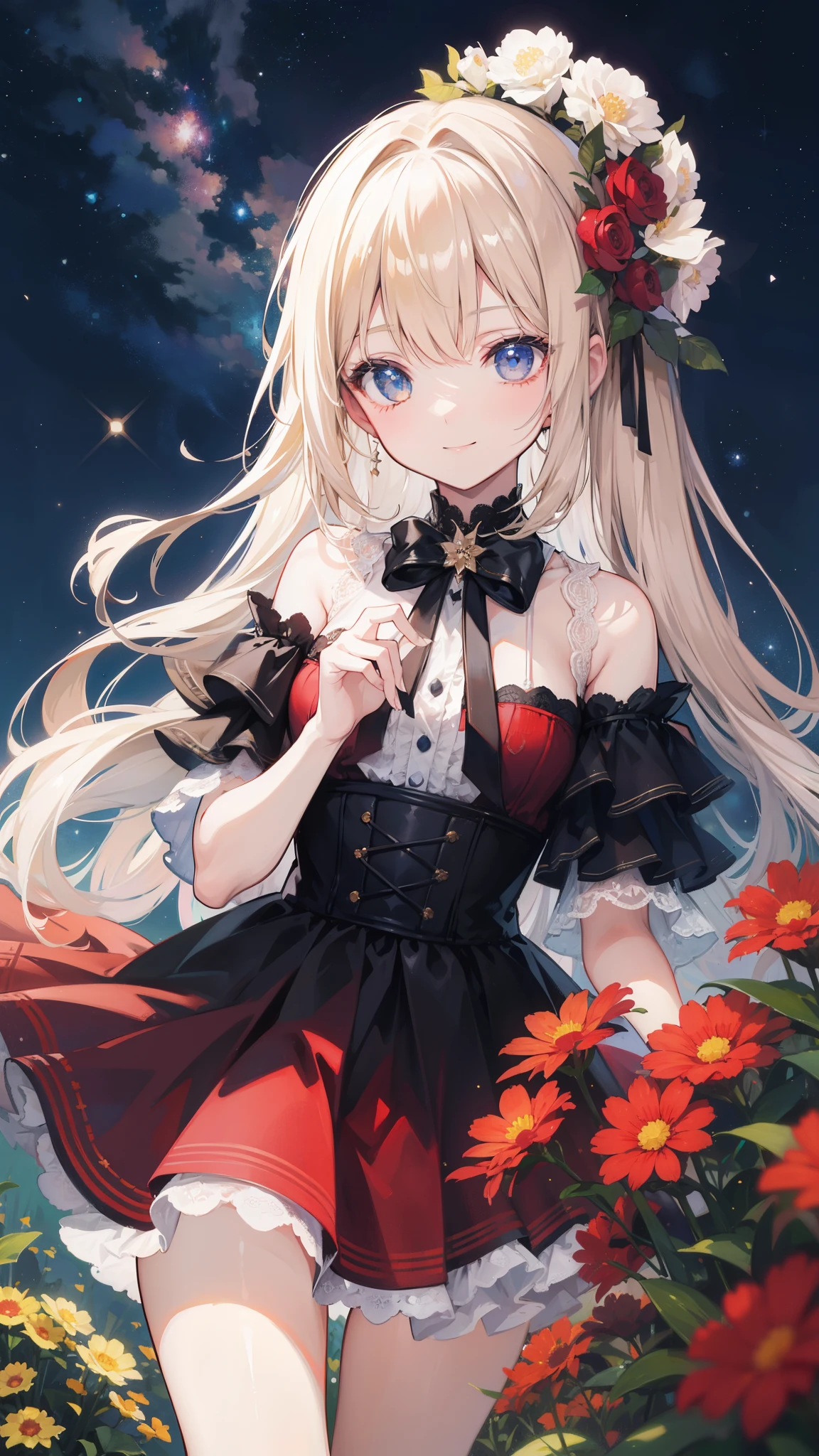 32k, highest quality, expensive_solve, clear_image, detailed background, girl, flower, garden, starry sky, Beautiful modeling, smile,