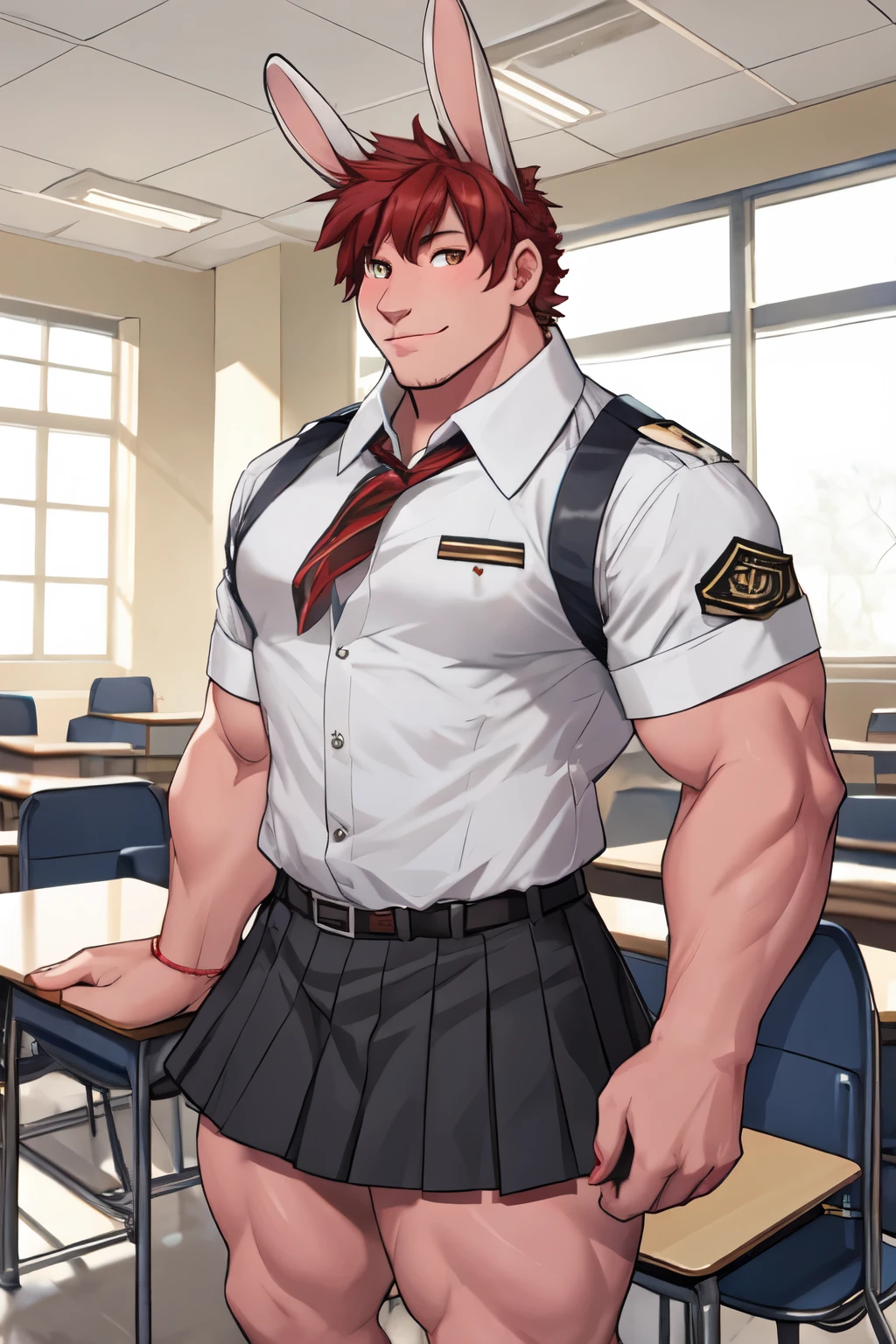 bara rabbit, red short hair, pink skin, at school, uniform, big dick