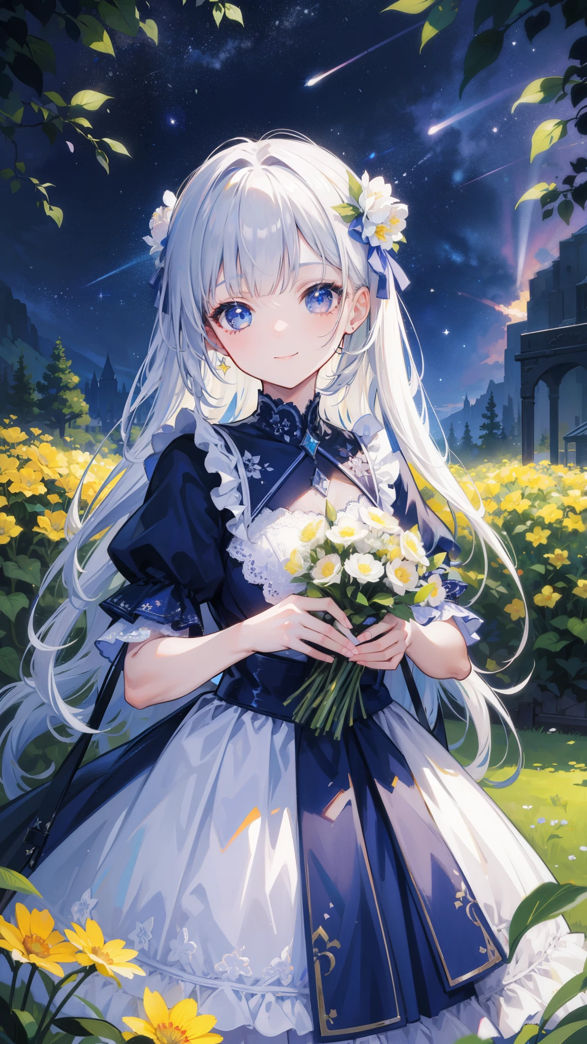 32k, highest quality, expensive_solve, clear_image, detailed background, girl, flower, garden, starry sky, Beautiful modeling, smile, face focus,