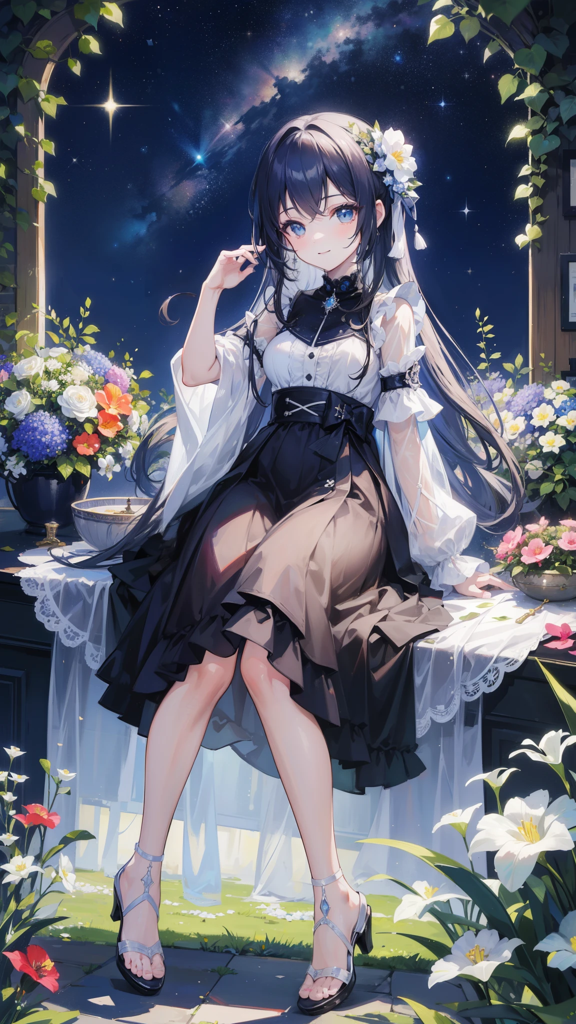 32k, highest quality, expensive_solve, clear_image, detailed background, girl, flower, garden, starry sky, Beautiful modeling, smile, face focus,