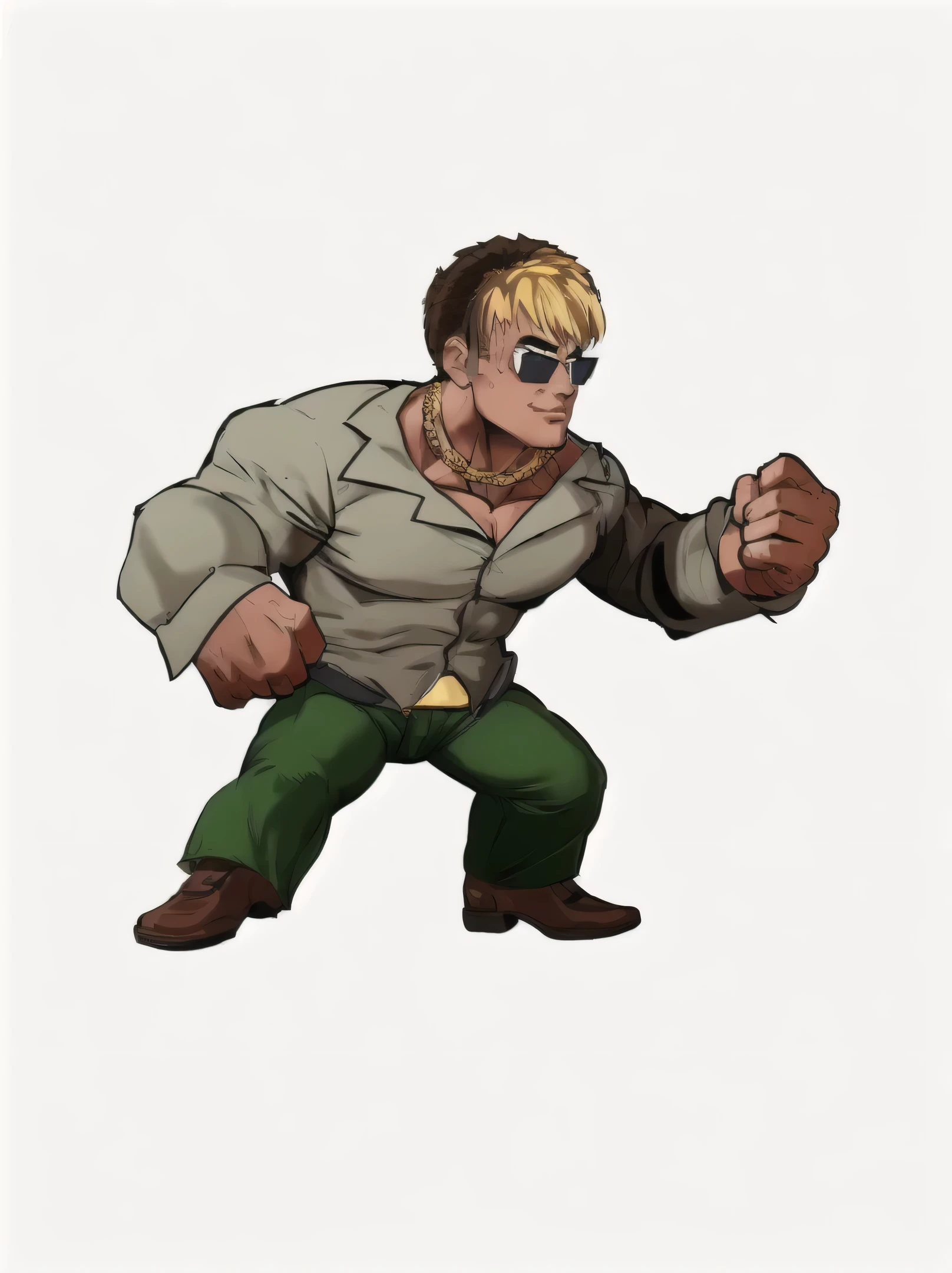 The prompt for generating an image of a smiling, muscular man with golden hair, wearing a grey shirt, green pants, and brown shoes is as follows:
"man with strong muscles, slim fit, green pants, grey shirt, brown shoes, golden hair, detailed eyes and lips, vibrant colors, shadows, highlights, gradients, cartoon, video game character, from the game 'King of Fighters', as a character in 'Tekken', portrayed by Joe Biden as JoJo, fighting game character, with a masculine and rugged demeanor, inspired by Gerald Depardieu as Varian, Varian as an armored titan, muscular personality"