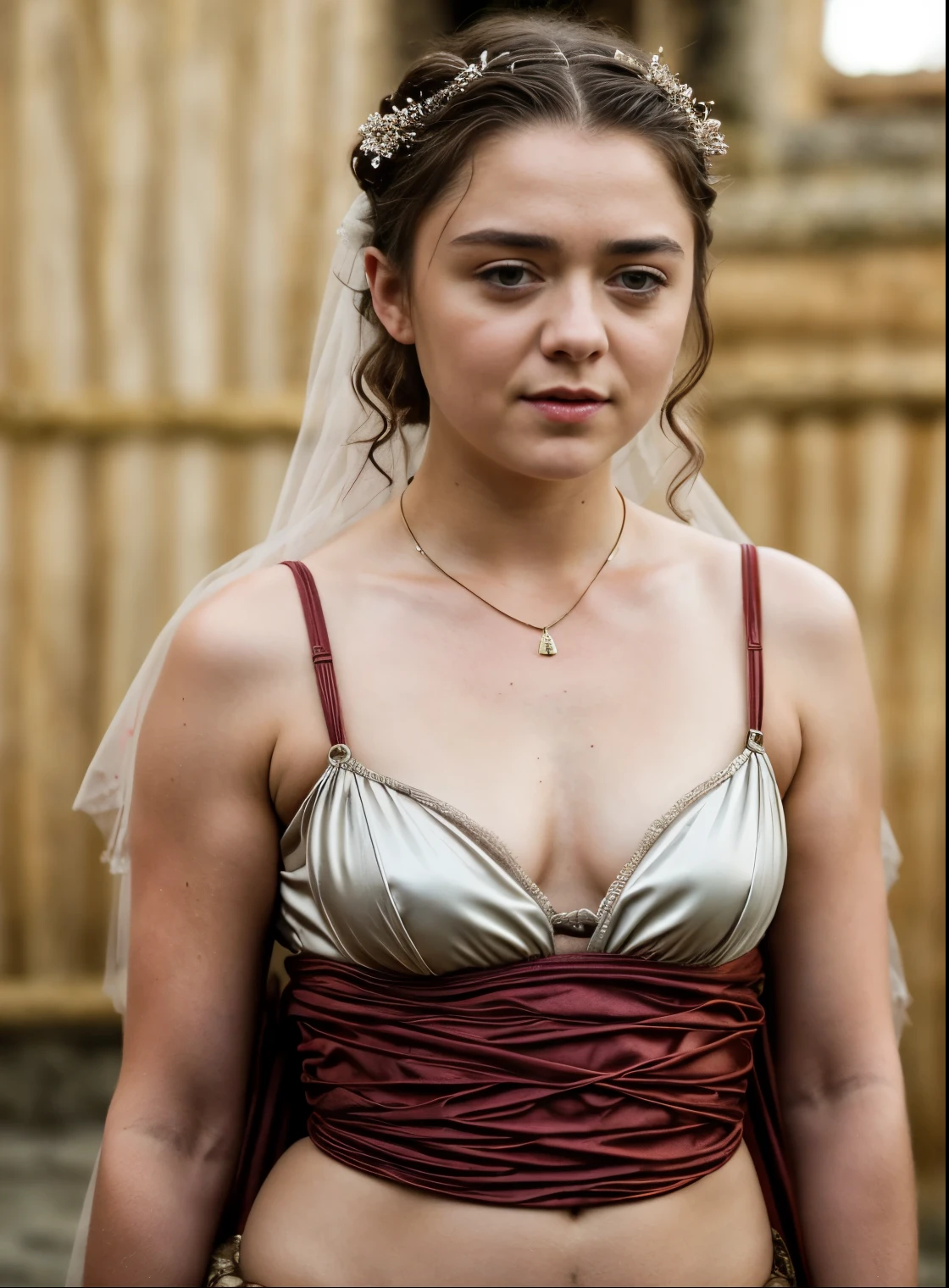 Foto RAW, Arya Stark, Extremely gorgeous lady, Arya Stark PLAYED BY MAISIE WILLIAMS, Queen Arya Stark, she  a mature woman now, milf, sexy mediaeval battle dress, gladiator woman, body, 40 years old Woman, body revealing costumes, perky breast, skin pores, big natural breast, erotic costumes, lusty physique, seductive figure can capture every people's attention, Game of thrones costumes, revealing captivating figure, Mediaeval costumes, revealing clothes, A tomboy, she would rather fence than dance, warrior queen , game of thrones screen caps, Game of Thrones Series, (pele altamente detalhada: 1.2), 8k UHD, DSLR, soft-lighting, alta qualidade, grain of film, Fujifilm XT3, flawless picture, highly detailed, detailed Beauty, intricate, 32k, sharp picture,