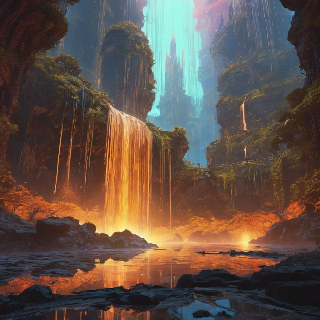 Waterfall, aesthetic, "magical_mystical Waterfalls"epic_cinematic_beautiful_fantasy_landscape!!!",_hyperdetailed_and_highly_intricate_digital_illustration_by_Ismail_Inceoglu,_Erin_Hanson,_Gazelli,_Hayao_Miyazaki_and__Yoshitaka_Amano,_a_masterpiece,_top-down_perspective,_wide-angle,_8k_resolution,_trending_on_artstation,_Ray_Tracing_Reflections,_volumetric_lighting,_deep_colors_pen_and_ink_marker,Ethereal_cyberefighterpunk_cyborg_cornpunk_lava_hose_with_hot_flames_flowing,_gold_corn_tones_:_by_michal_karcaniel_merriam,_victo_ngai_and_guillermo_del_toro_:_aetherpunk,_ornate,_dynamic,_particulate,_intricate,_elegant_detailed_dramatic_atmospheric_maximalist_digital_matte_painting_rock_orange,_A_dream_of_a_distant_galaxy_by_Caspar_David_Friedrich