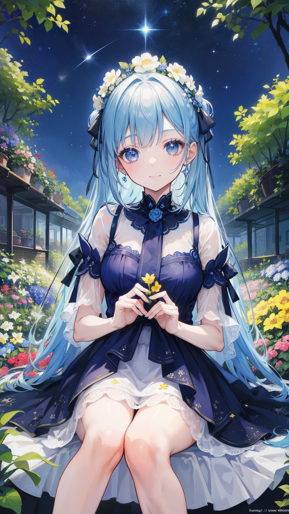 32k, highest quality, expensive_solve, clear_image, detailed background, girl, flower, garden, starry sky, Beautiful modeling, smile, face focus,