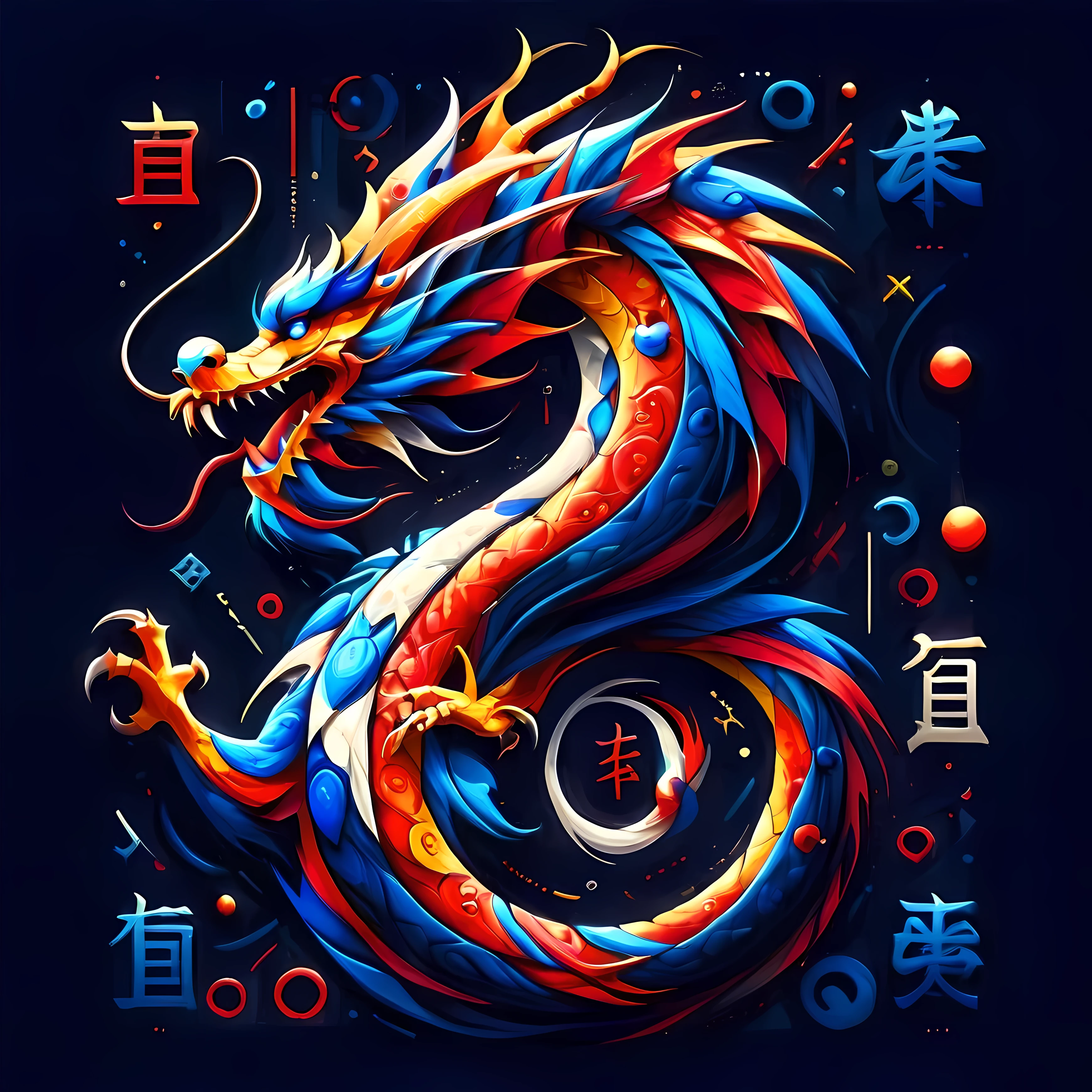 Alphabet dragon totem design，Abstract form of Chinese dragon，Scattered line shapes combined with English letter symbols，With international printing style，An expression of traditional dragon elements and modern international design in red and indigo to symbolize passion and depth，White background，portrait elements，celtic art，Use light and color to add depth，Surrealism that enriched Dali&#39;s style，Demonstrating a unique fusion of traditional culture and modern aesthetics，masterpiece，4k，best quality，unique style，best lighting，Detailed environment。,
