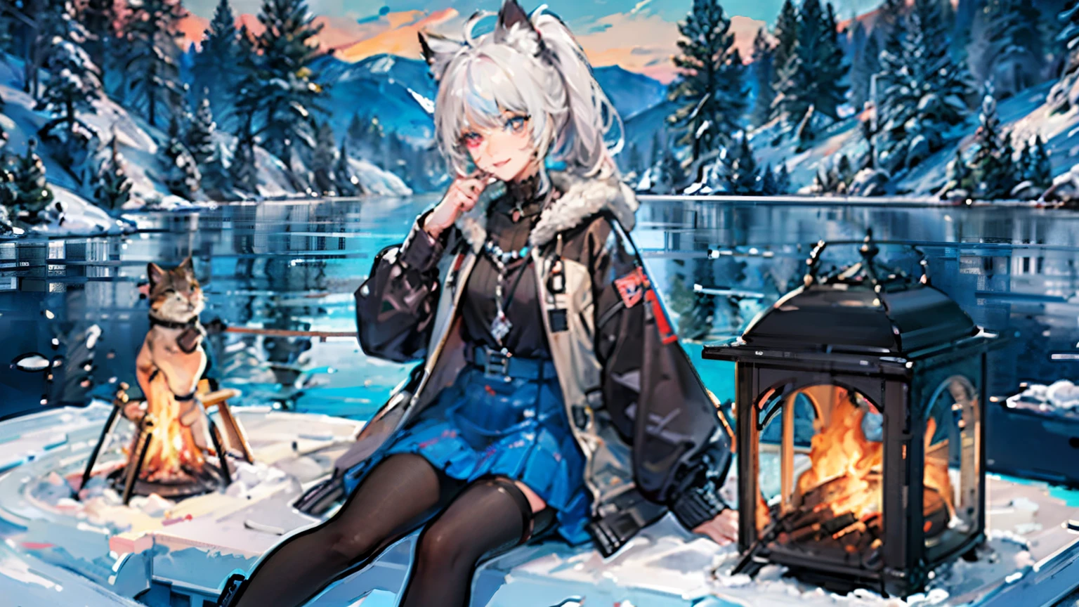 {{{masterpiece}}},{extremely detailed CG unity 8k wallpaper},best quality,Amazing,finely detail,{{{solo}}},{{floating hair}},{{{1girl}}},detailed background,beautiful detailed eyes,bright pupils, dynamic pose,dynamic angle,looking at viewer,detailed clothes,((fantastic)),(coat), {{{blonde hair}}}, ahoge, (high ponytail), ((cat ears)), (light smile), blue eyes,(gradient eyes), ((heterochromia)), ((red eyeshadow)),illustration,(snow),((sitting)),(outdoors),(lake),(forest),{{in winter}},{bonfire},{camping},{tent},{sled}