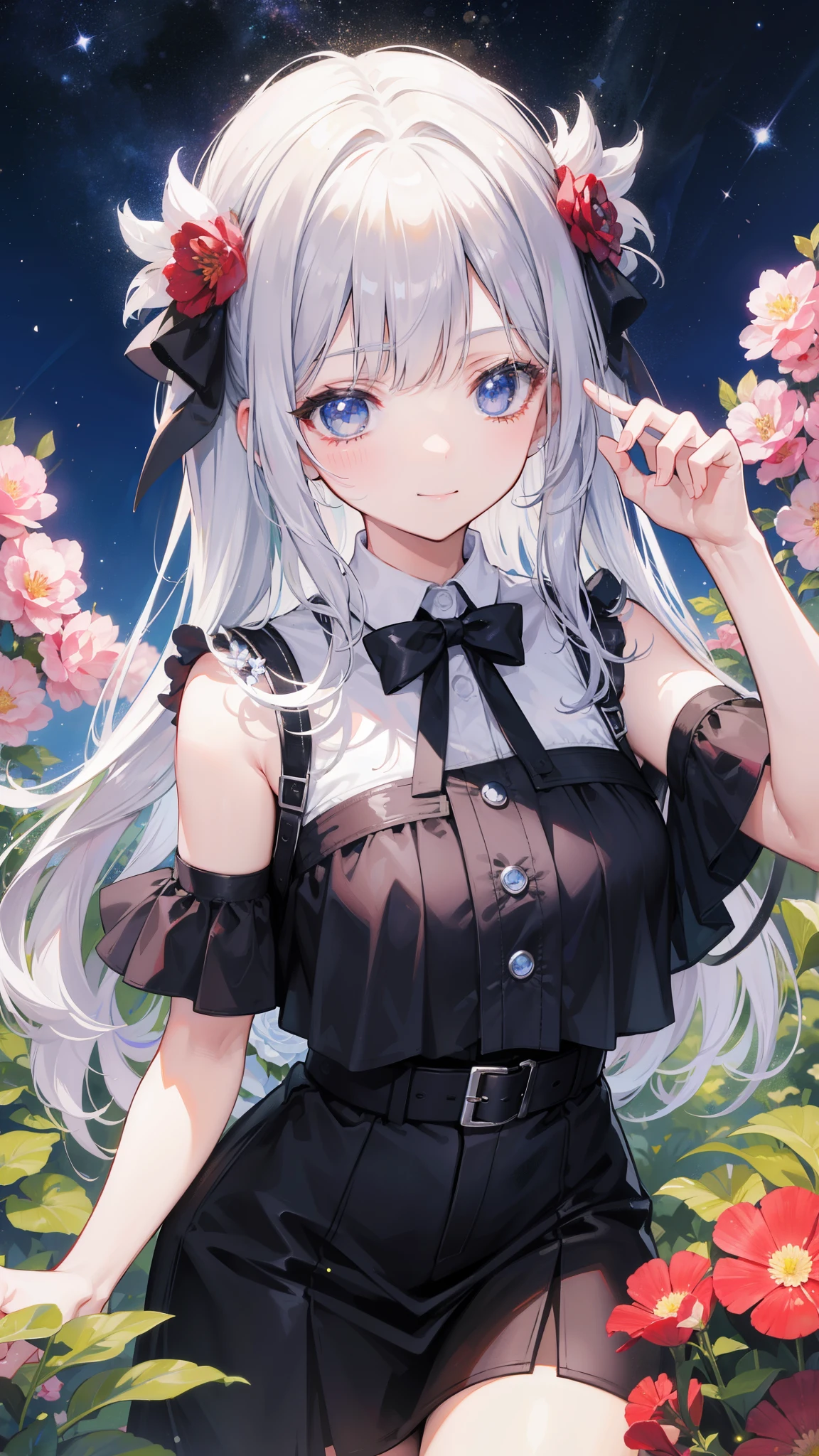 32k, highest quality, expensive_solve, clear_image, detailed background, girl, flower, garden, starry sky, Beautiful modeling, smile, ((face focus)),