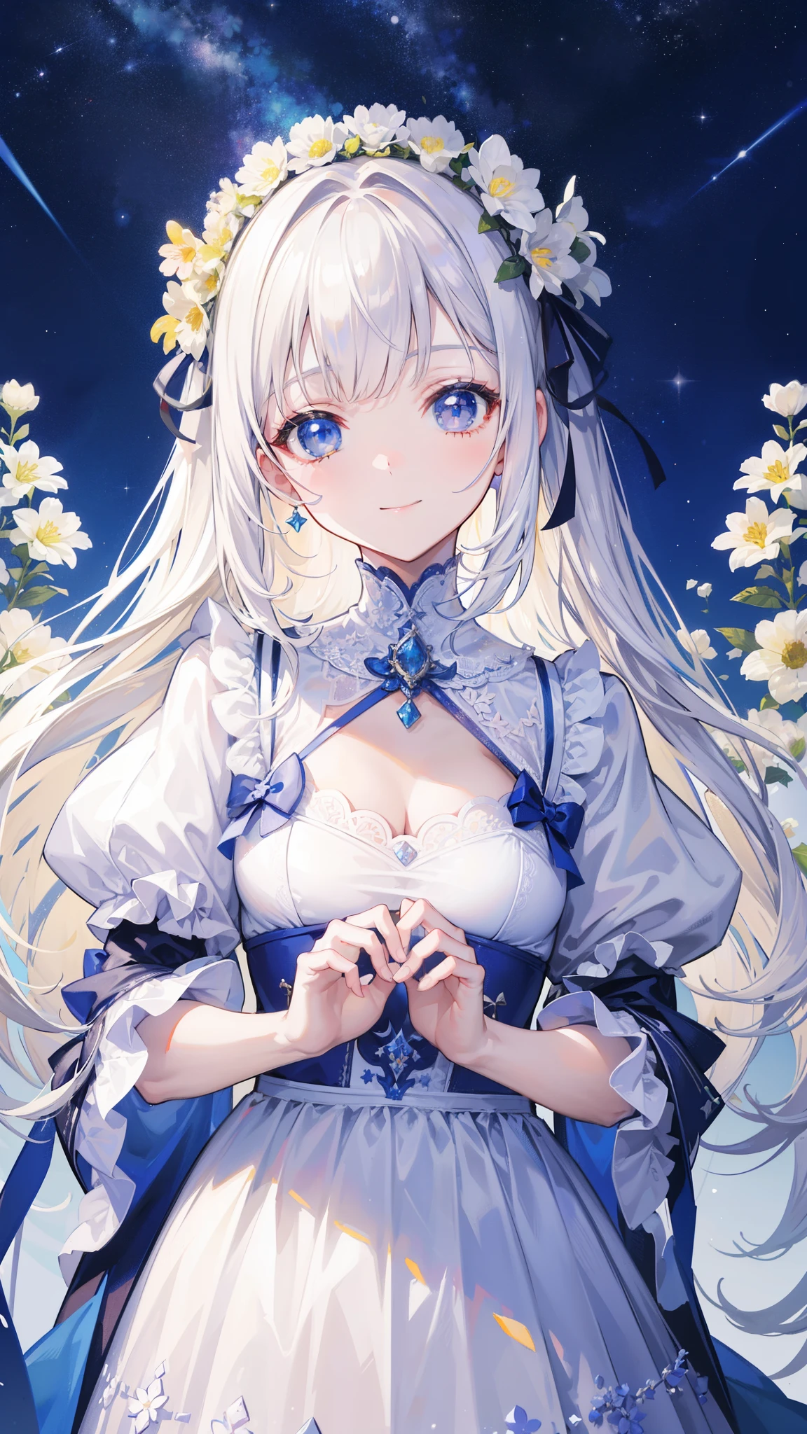 32k, highest quality, expensive_solve, clear_image, detailed background, girl, flower, garden, starry sky, Beautiful modeling, smile, (((face focus))), 