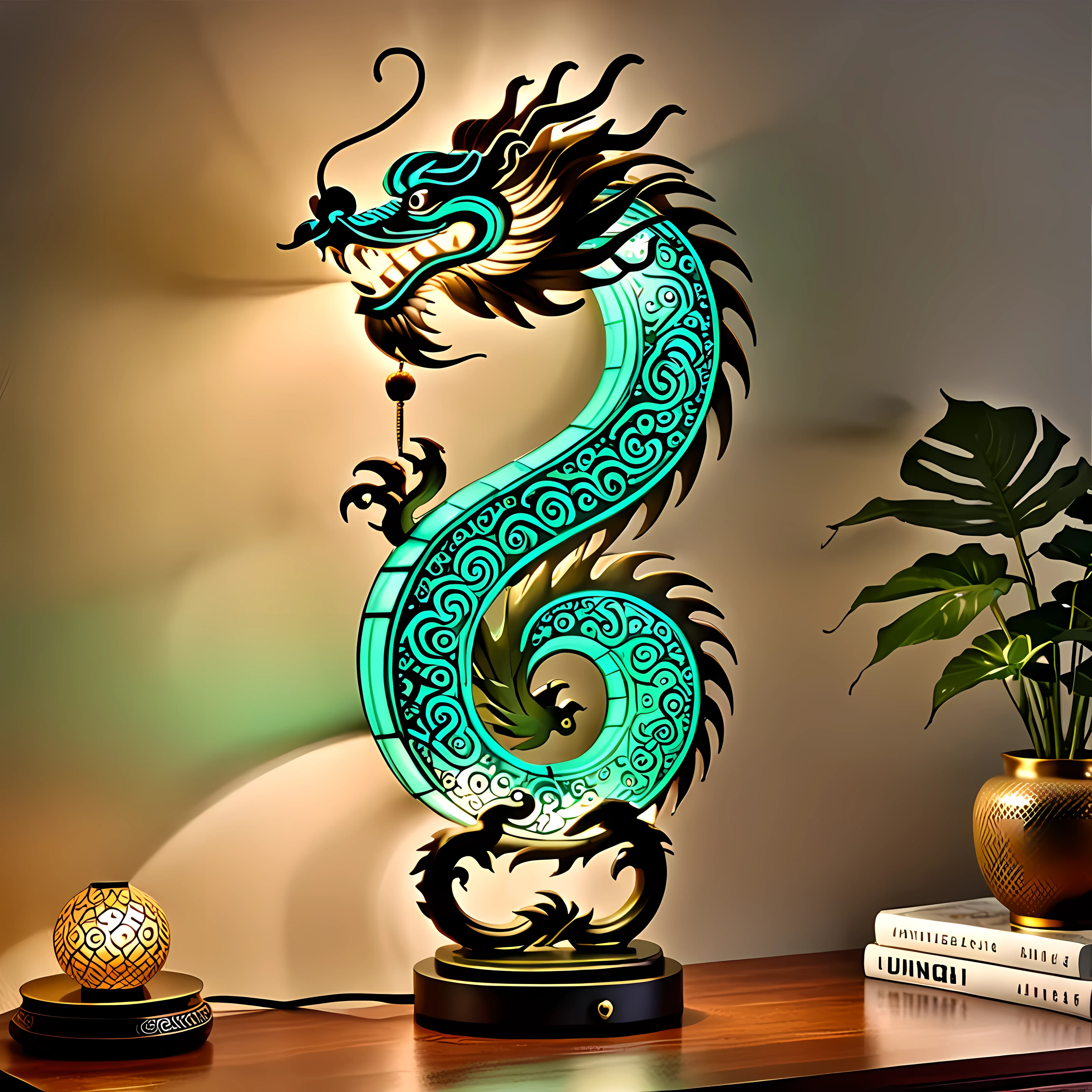 Chinese dragon table lamp design is inspired by the dragon image in traditional Chinese culture. The formidable and mysterious dragon shape as the main part of the lamp, traditional Chinese elements such as cloud pattern and twirling pattern, line and shape common in Chinese furniture. Color palette of dark gray and light bronze, dark green turquoise and light gold that adds a sense of modernity. Pursuit of poetic and atmospheric style, tranquil and profound ambiance created by smooth lines and elegant form, cozy and mysterious mood created by the lighting at night, unique and creative due to the integration of steam punk elements. ,