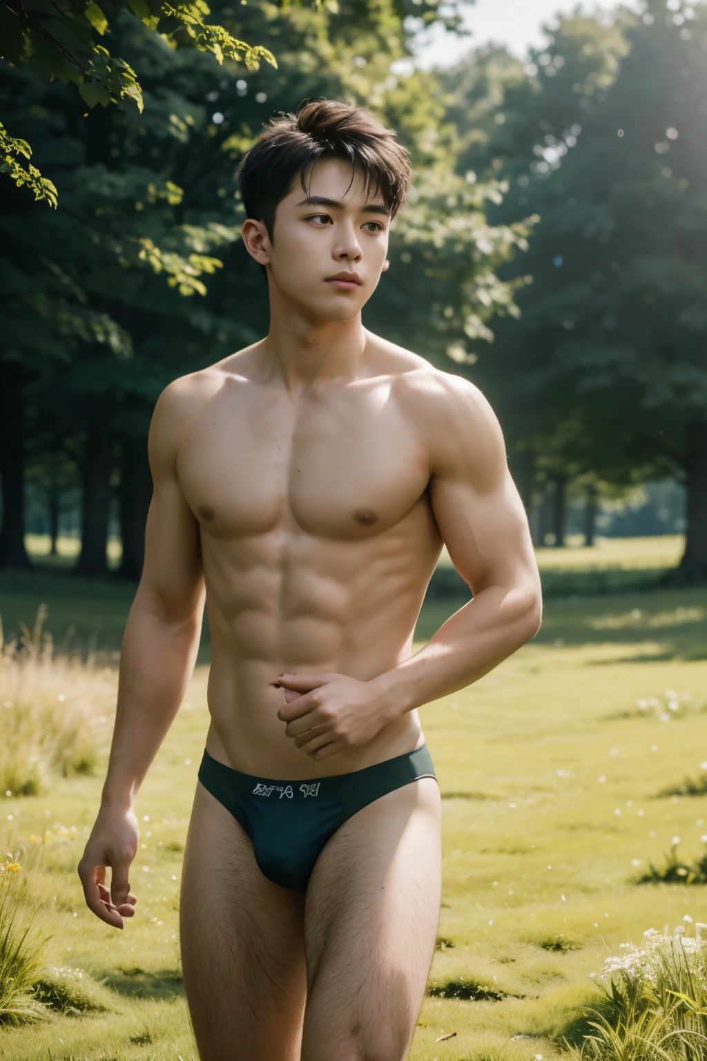 Best quality, offical wallpaper, 1boy, A sunny morning,grassy fields,ln the forest,Wearing a thong underwear, Realistic, Photorealistic, (EOS R8,50 millimeters,F1.2,8K,RAW photo:1.2), Bokeh