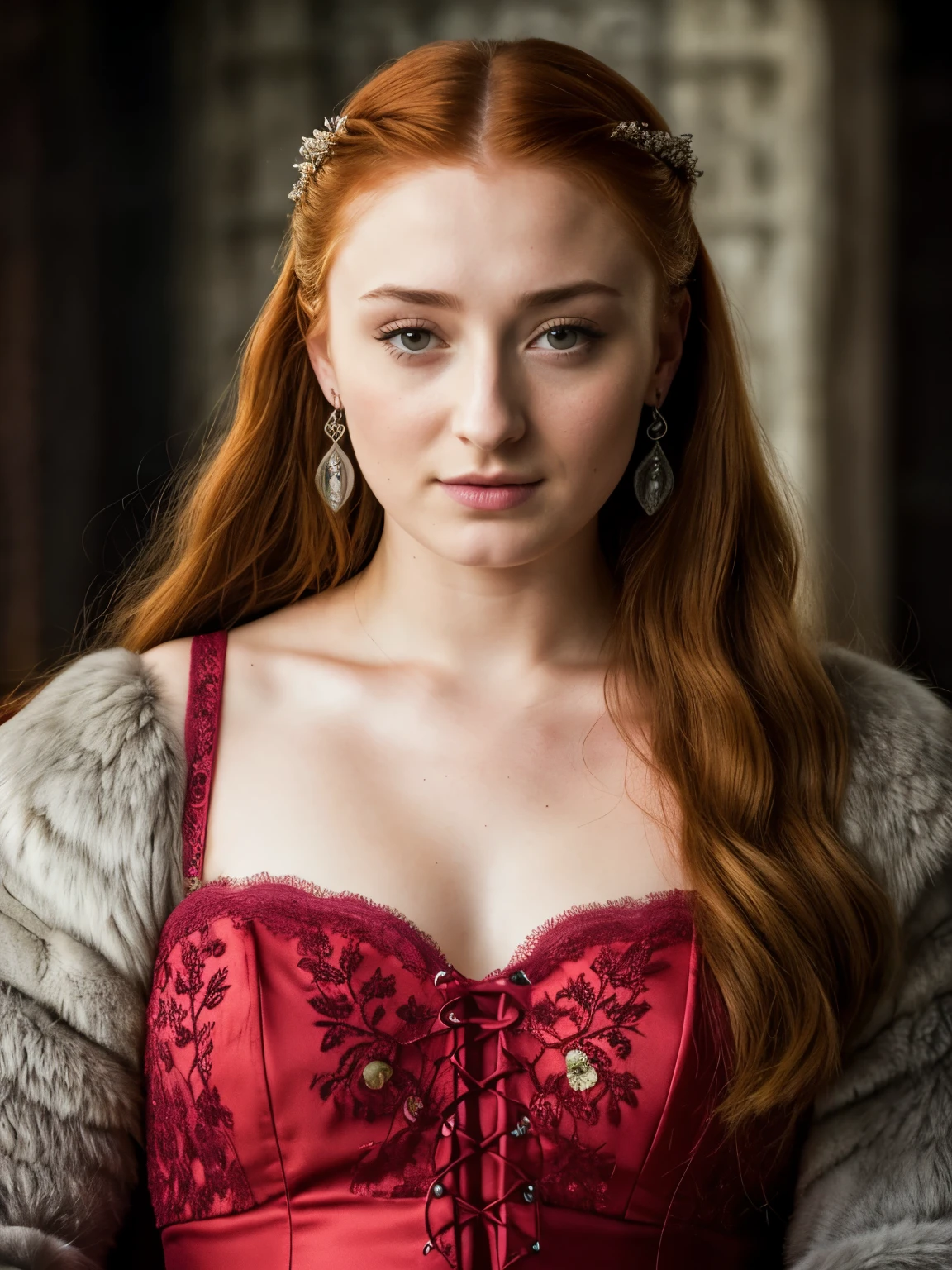 Foto RAW, Sansa Stark PLAYED BY SOPHIE TURNER Ned and Cat's oldest daughter. Demure and ladylike, her dream to marry Prince Joffrey. Her direwolf named Lady , Game of Thrones Series, (pele altamente detalhada: 1.2), 8k UHD, DSLR, soft-lighting, alta qualidade, grain of film, Fujifilm XT3