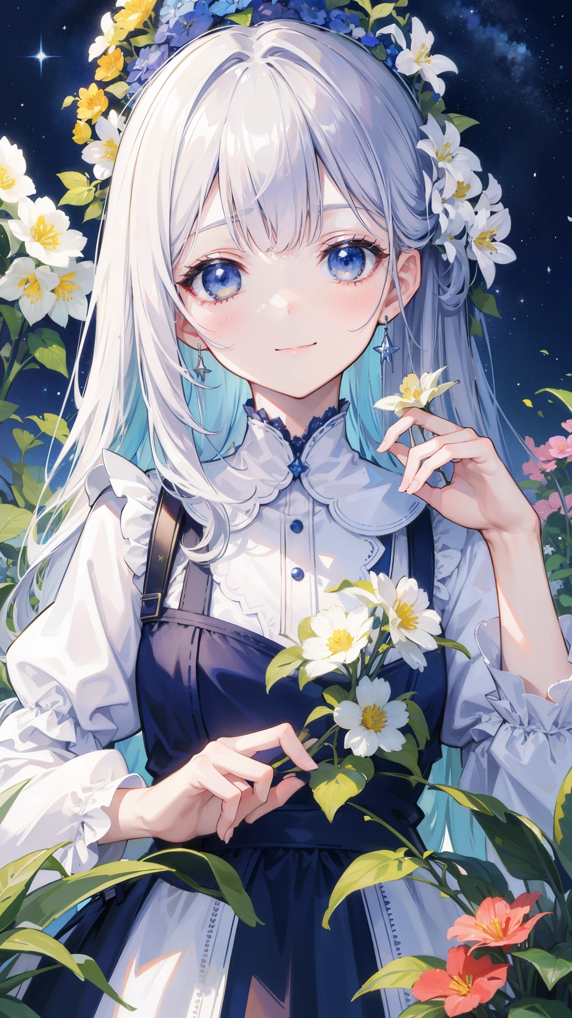 32k, highest quality, expensive_solve, clear_image, detailed background, girl, flower, garden, starry sky, Beautiful modeling, smile, close up of face,