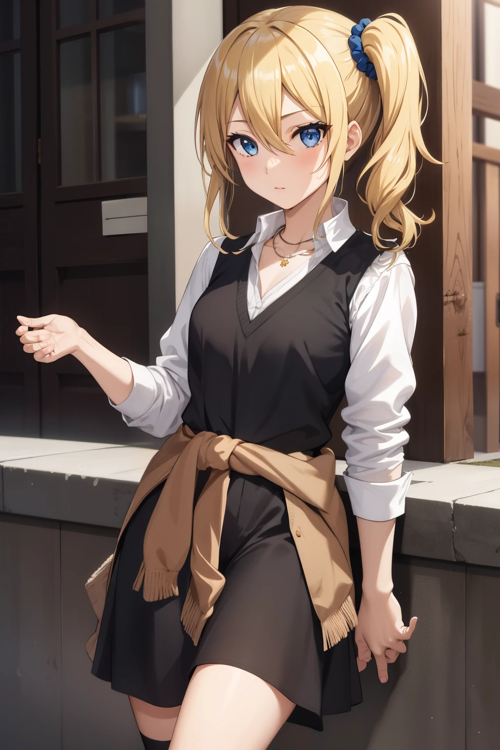 8k,best quality,master piece, highest quality, High resolution, 1 girl, alone, hayasaka ai, blue scrunchie, side ponytail, hair between eyes, blue eyes, blonde hair, hair ornaments, chest, hair scrunchie, bangs, black socks, long hair, side lock, knee high, necklace, clavicle,  cowboy shot, Are standing,nude,spread,