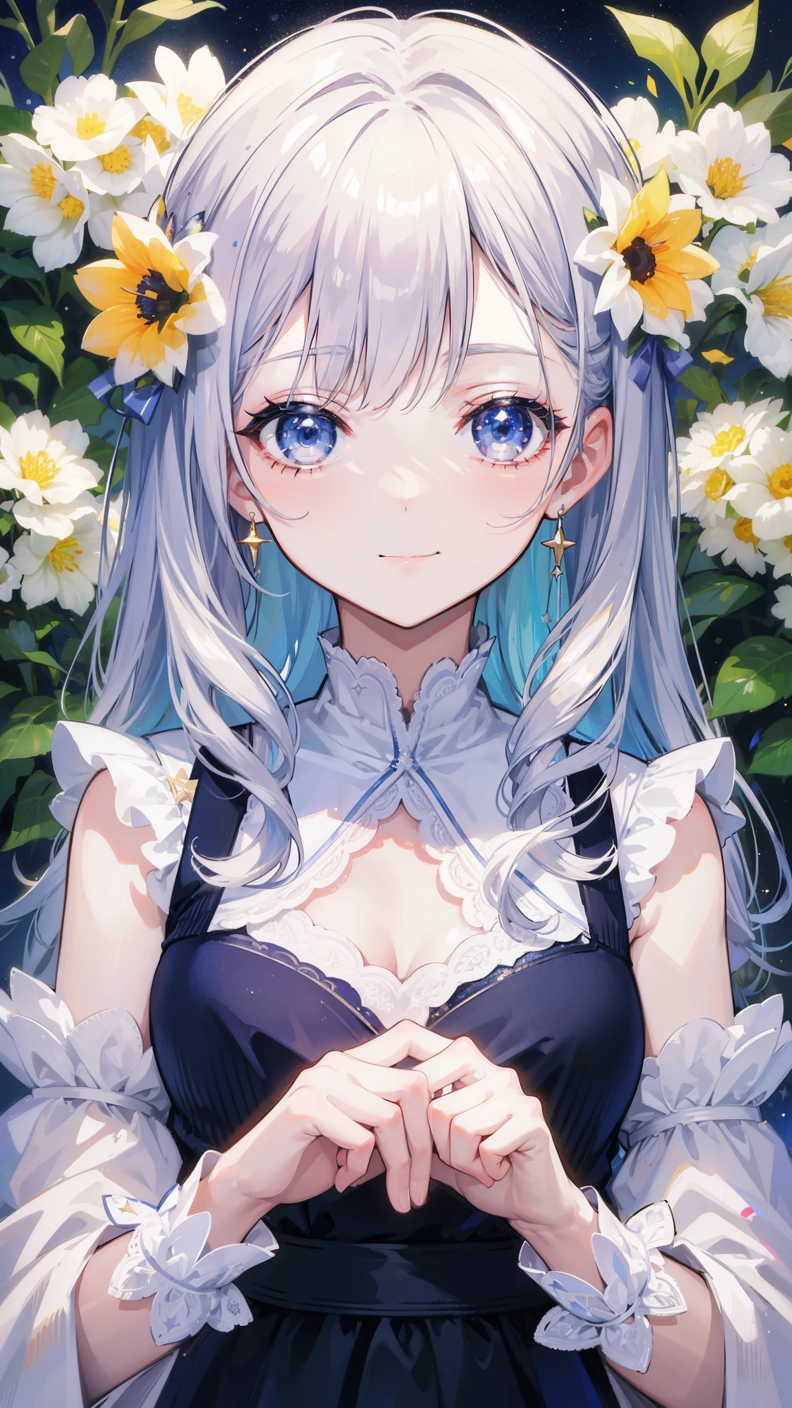 32k, highest quality, expensive_solve, clear_image, detailed background, girl, flower, garden, starry sky, Beautiful modeling, smile, close up of face,