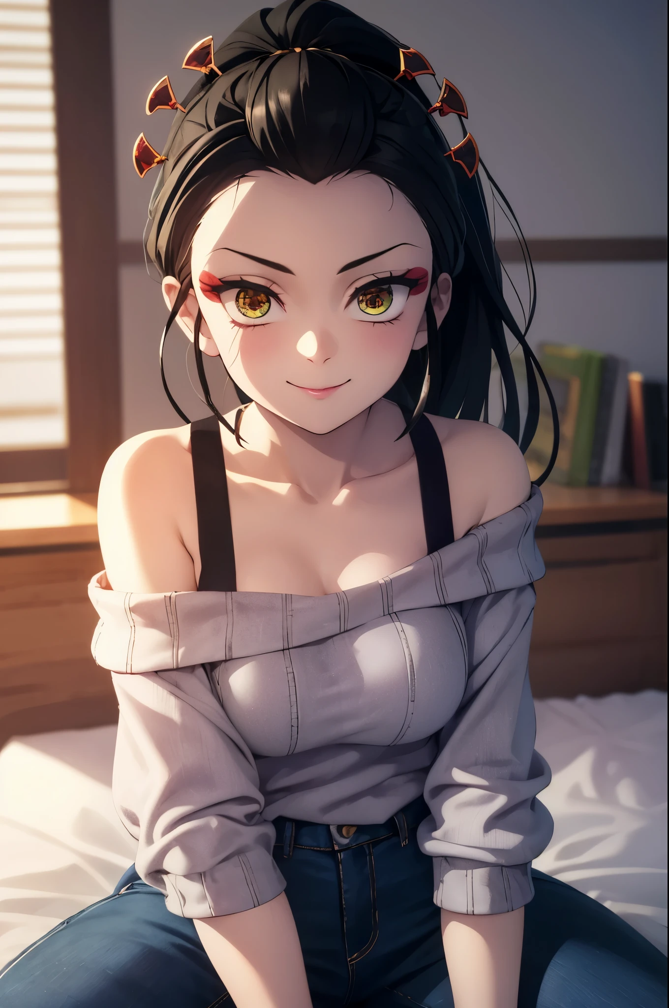 masterpiece,hyper quality, very detailed, perfect picture, CG, 3D, 8k, shape, Demon slayer, Fallen Princess, beautiful face girl, one beautiful girl, スリーサイズ B90W60H95, Droopy eyes but cute, Also々Cute but cute expression, cute smile, black hair, ponytail, Upper body (off shoulder knit:1.3), denim pants, sit on bed