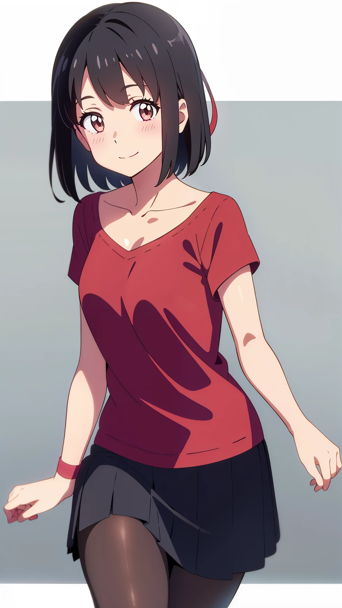 shinkai makoto, kimi no na wa., 1girl, bangs, black hair, blush, bright eyes, brown eyes, red headband, red bow, red ribbon, short hair, smile, cute, beautiful, shiny skin, looking at the viewer, solo, happy, red shirt, collarbone, short sleeves, skirt, pantyhose, white background, modelling