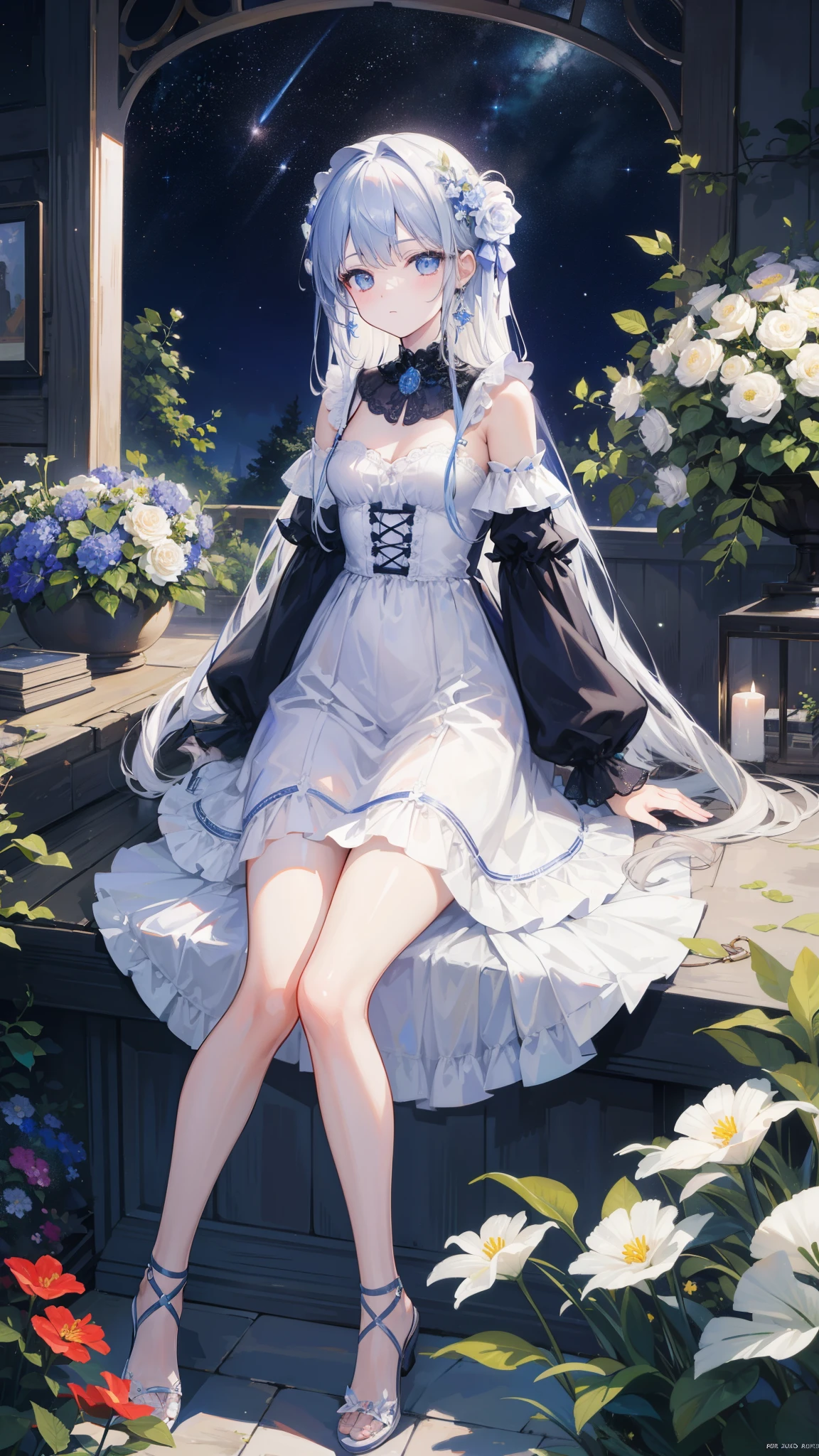 32k, highest quality, expensive_solve, clear_image, detailed background, girl, flower, garden, starry sky, Beautiful modeling,