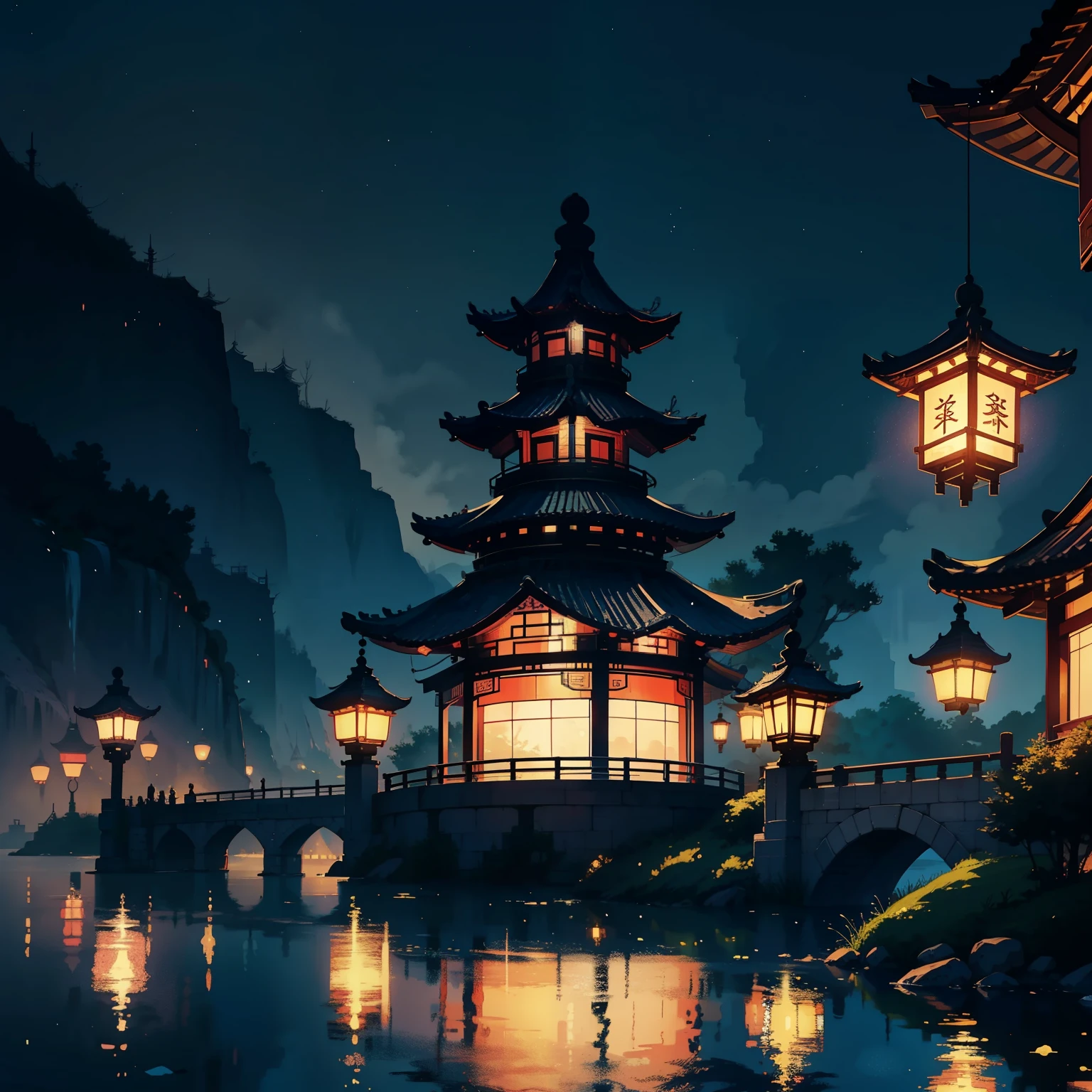 Two people stood on the bridge,There are lanterns hanging in the sky, A beautiful artwork illustration, fairy-tale illustration style, dreamlike illustration, illustration!, Chinese fantasy, Fine quality illustrations, (boy girl traditional romance), 2 d illustration, 2D illustration, by Yang J, author:Qu Leilei, blurry and dreamy illustration, Digital illustration, natta, A illustration