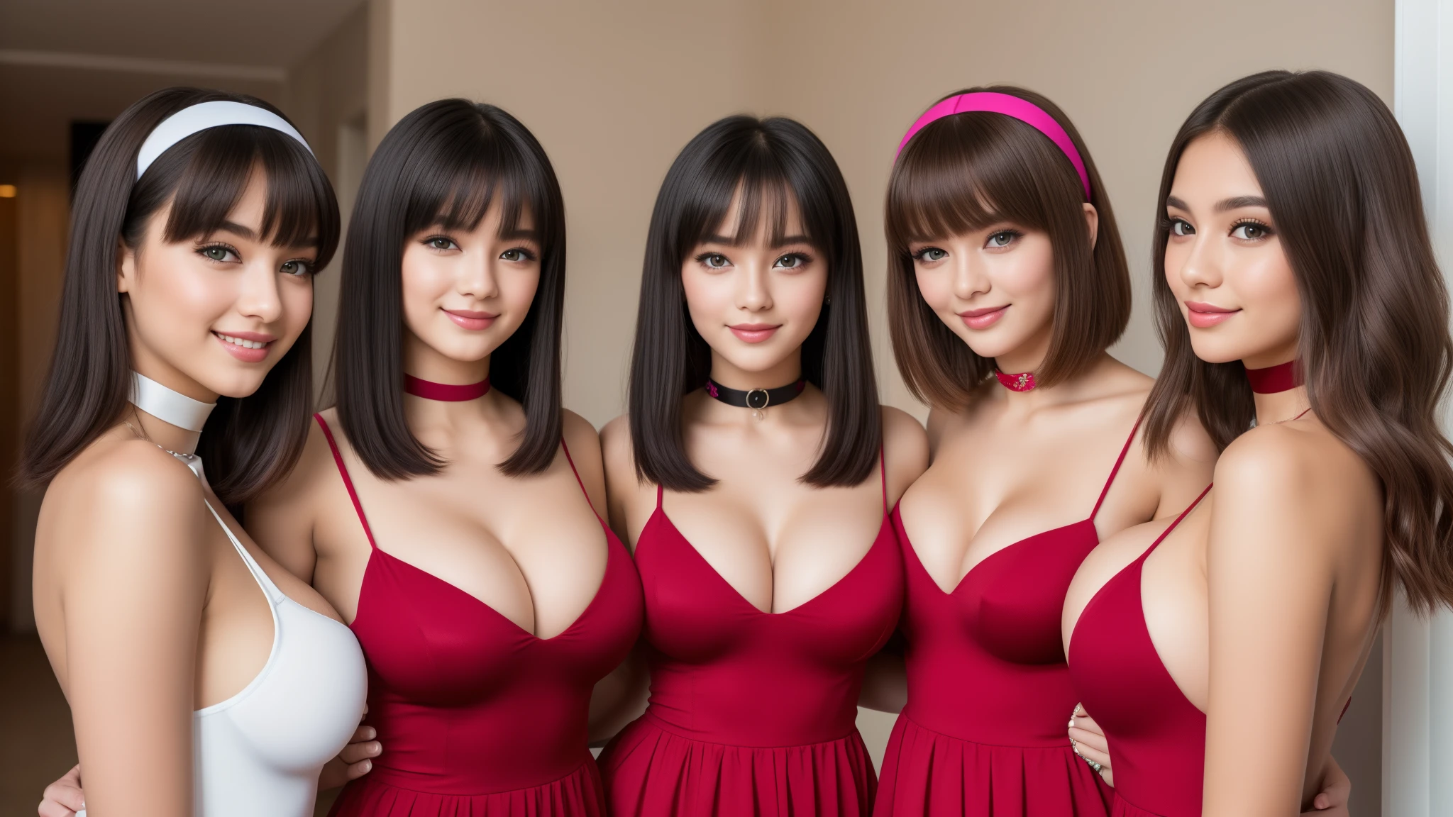 three girls in dresses posing for a picture, cute girls, beautiful girls, 3 young and beautiful women, metart, hot girl, young girls, beautiful alluring teenautiful model, gorgeous faces, teen, las, isabela moner, gorgeous young model, hand on breast:1.3, glossy magazine photoshoot, (big breasts:1.3), bob_cut hair, short party dress, choker matching dress color, hairband, seductive smile, (EOS R8, 50 millimeters, F1.2, 8K, RAW photo:1.2)