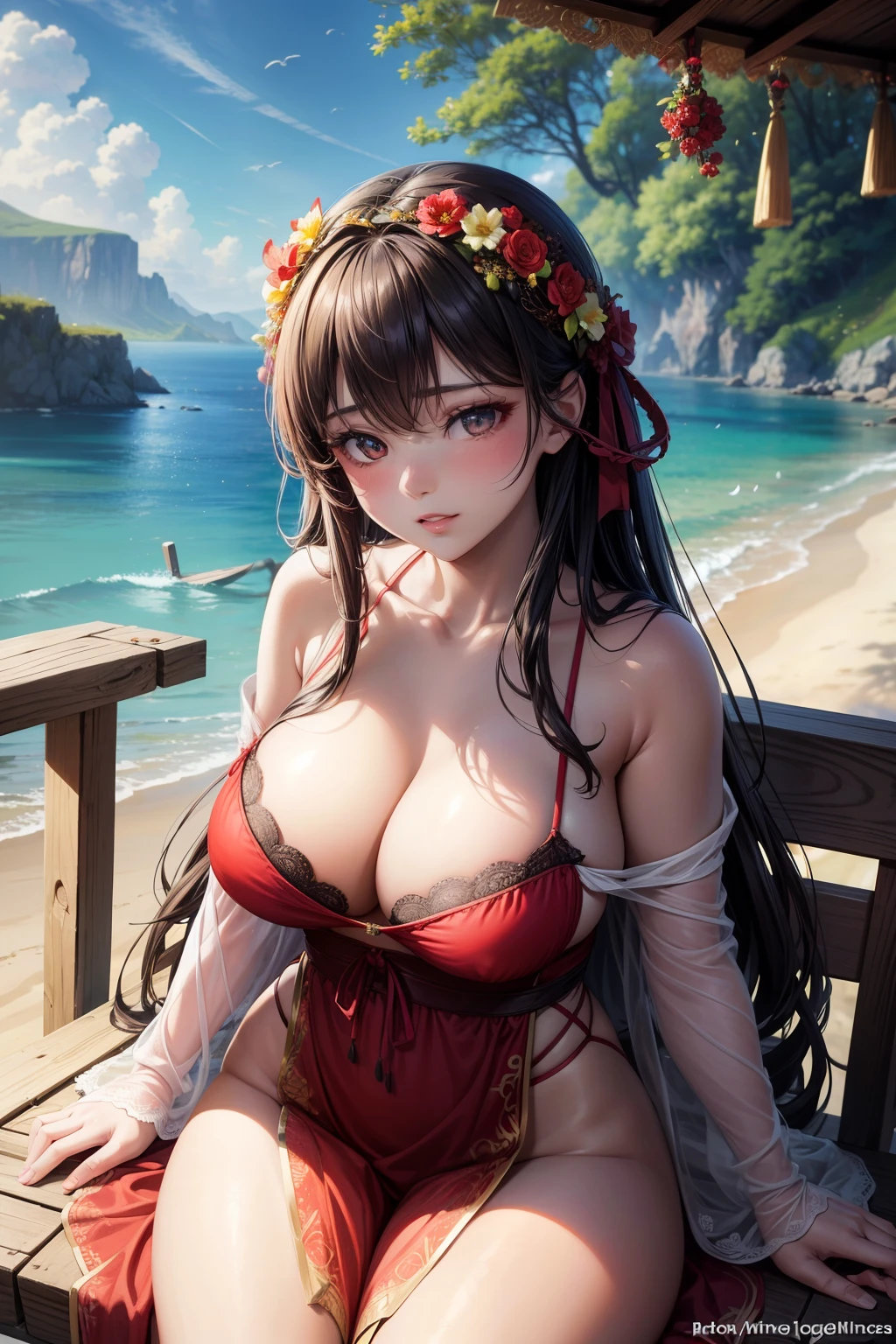 In the heart of summer, a beautiful lustful young woman with dark long hair adorned by a red ribbon sits in a candid pose on a wicker swing, overlooking a breathtaking scene. The rich colors of the scene come alive as the sun casts a warm glow over the abundant flowers on the balcony. The woman's revealing short robe, in all its intricate lace details, accentuates her full-grown curves, invoking a sense of hyperrealism that transports you right into the scene. Her close-up expression reveals parted lips, blushing subtly, and her dark, alluring eyes filled with longing. The beautiful anatomy of her form