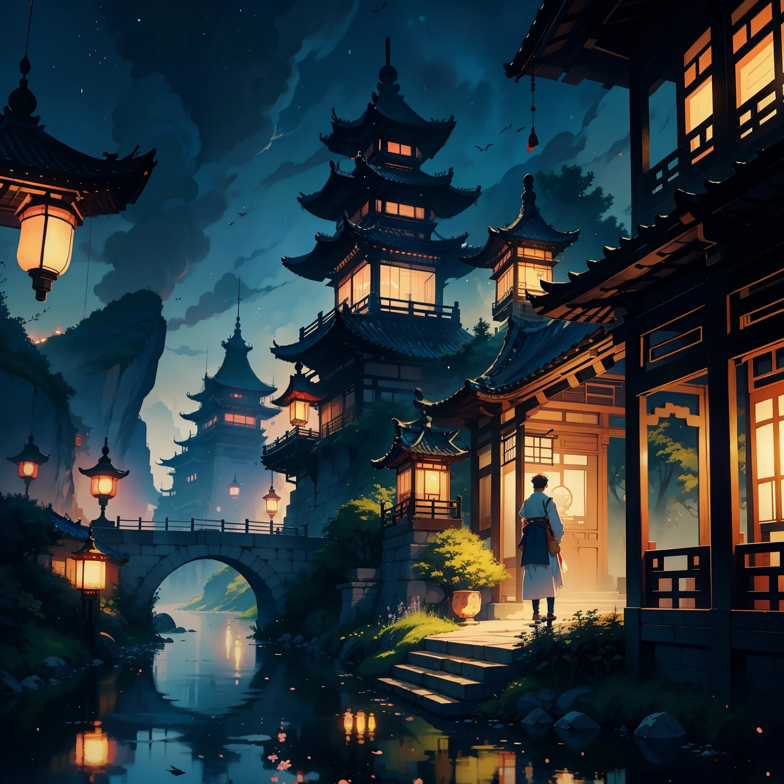 Two people stood on the bridge，There are lanterns hanging in the sky, A beautiful artwork illustration, fairy-tale illustration style, dreamlike illustration, illustration!, Chinese fantasy, Fine quality illustrations, （boy girl traditional romance）, 2 d illustration, 2D illustration, by Yang J, author：Qu Leilei, blurry and dreamy illustration, Digital illustration, natta, A illustration