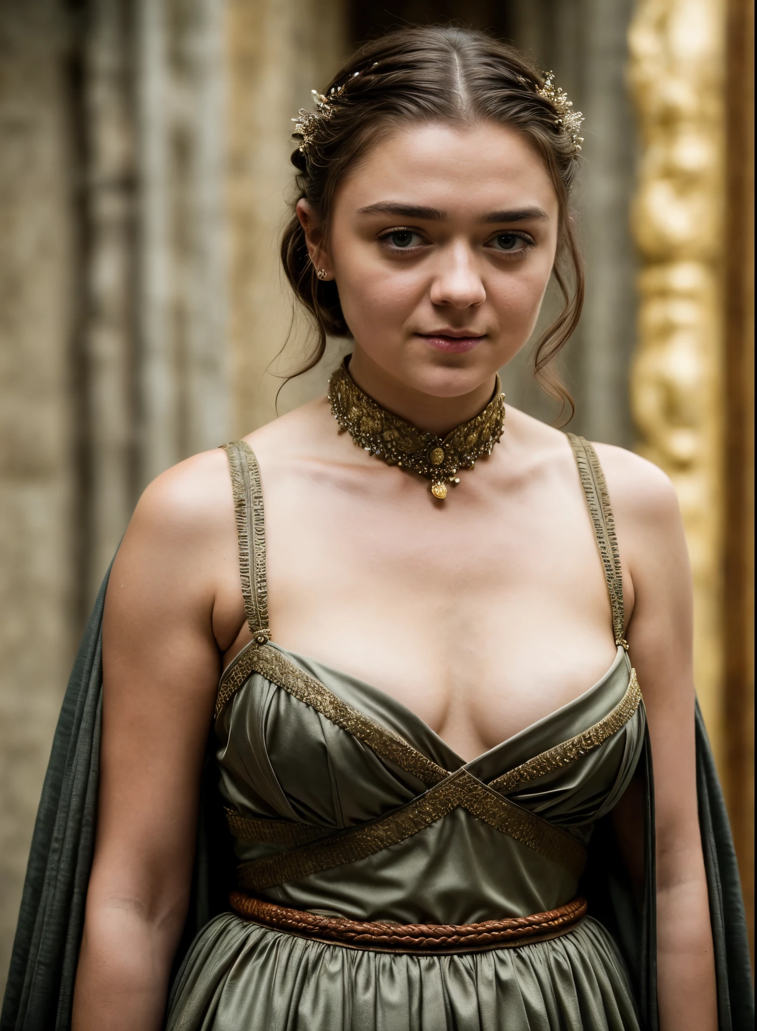 Foto RAW, Arya Stark, Extremely gorgeous lady, Arya Stark PLAYED BY MAISIE WILLIAMS, Queen Arya Stark, she  a mature woman now, milf, sexy mediaeval battle dress, gladiator woman, body, 40 years old Woman, body revealing costumes, perky breast, skin pores, big natural breast, erotic costumes, lusty physique, seductive figure can capture every people's attention, Game of thrones costumes, revealing captivating figure, Mediaeval costumes, revealing clothes, A tomboy, she would rather fence than dance, warrior queen , game of thrones screen caps, Game of Thrones Series, (pele altamente detalhada: 1.2), 8k UHD, DSLR, soft-lighting, alta qualidade, grain of film, Fujifilm XT3, flawless picture, highly detailed, detailed Beauty, intricate, 32k, sharp picture,