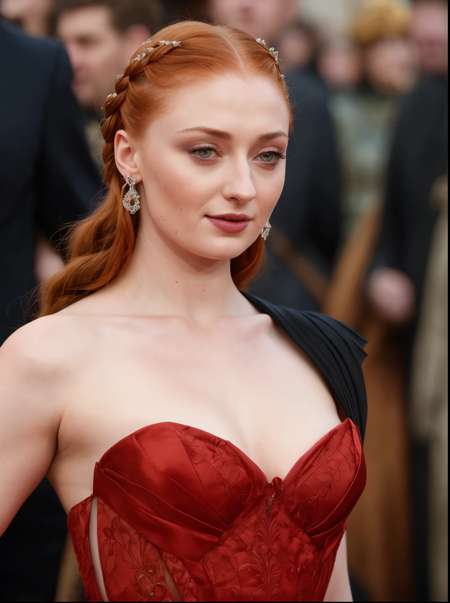 Sophie Turner, the de facto Lady of the Eyrie, is a 40-year-old mature queen with a stunning, plump face, alluring appearance. Full Face, reddish lips, upper body shot, erotic Mediaeval costumes, game of thrones costumes, She wears a Game of Thrones-inspired costume and has a deep cleavage, a perfect thick body, and a perfect thick figure. The photograph captures her in a close-up, with her skin texture and facial features being ultra-realistic and realistic.
