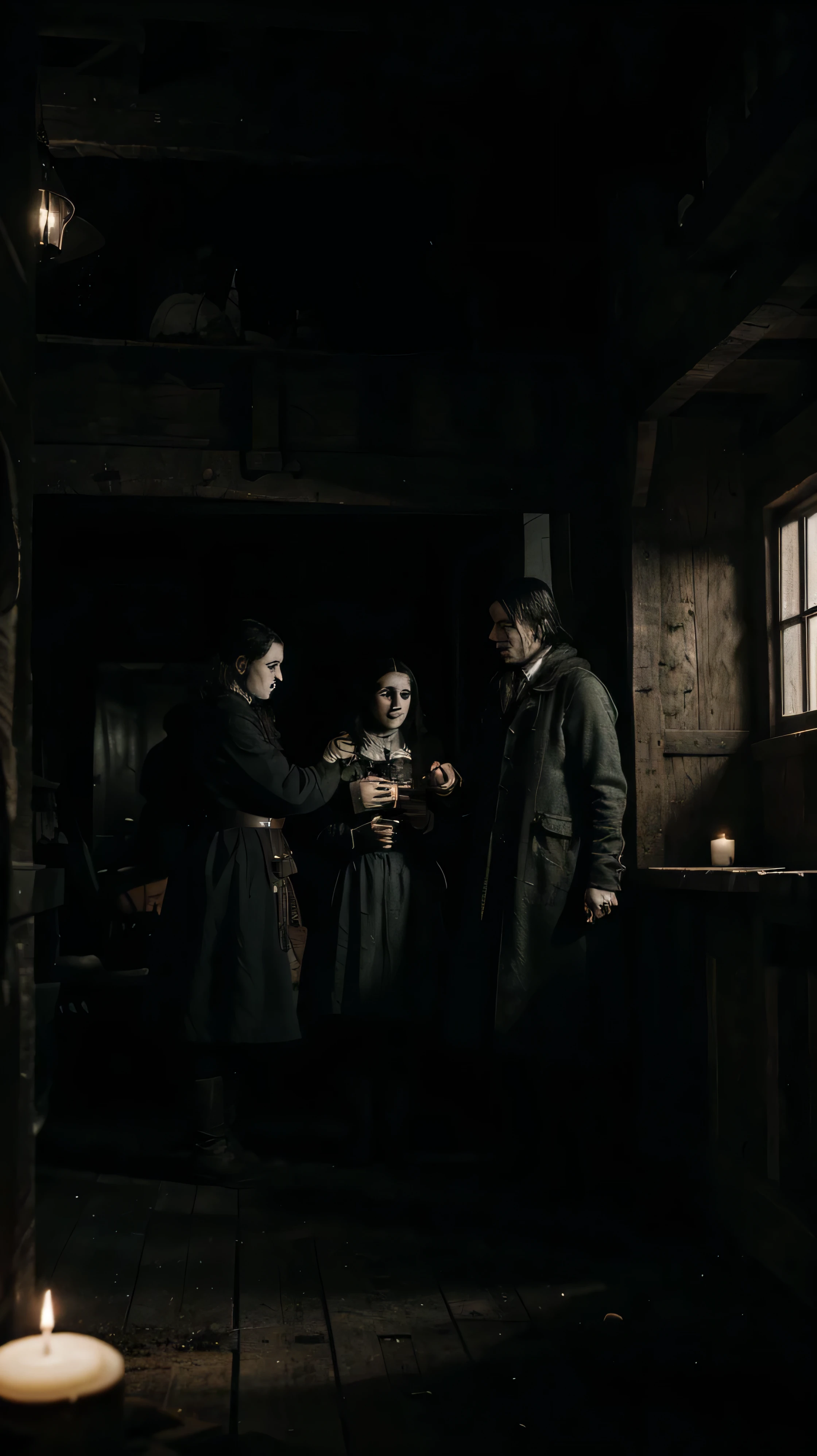 A Cinematic black-and-white photo capturing the haunting moment of a German farmer and his family, blottis les uns contre les autres dans la peur à l'interior of their barn. La neige tombe abondamment dehors, create a sentiment d'isolation and despair. Au premier plan, il y a une table rustique en bois remplie de nourriture et une seule bougie fournissant une faible lumière. The typographie on the photo is in an old-fashioned, style gothique, ajoutant à l’atmosphère étrange., photo, Cinematic, typographie