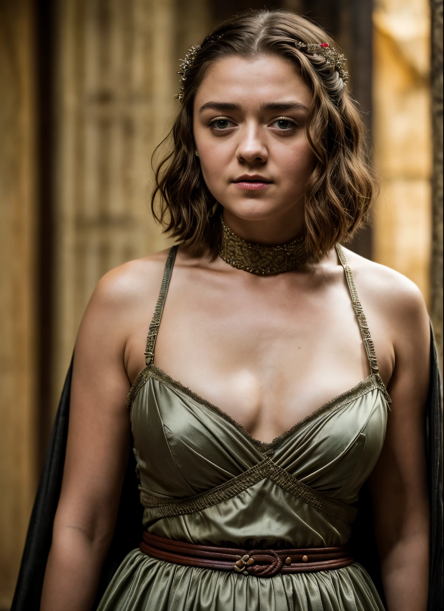 Foto RAW, Arya Stark, Stunning Beauty, Ravishing, Enchantress, Extremely gorgeous lady, Arya Stark PLAYED BY MAISIE WILLIAMS, Queen Arya Stark, she a mature woman now, milf, sexy mediaeval battle dress, gladiator woman, body, 40 years old Woman, Roman slave dress, cotton dress, busty mediaeval costumes, body revealing costumes, perky breast, big natural breast, erotic costumes, lusty physique, seductive figure can capture every people's attention, Game of thrones costumes, revealing captivating figure, Mediaeval costumes, revealing clothes, A tomboy, she would rather fence than dance, warrior queen , game of thrones screen caps, Game of Thrones Series, (pele altamente detalhada: 1.2), 8k UHD, DSLR, soft-lighting, alta qualidade, grain of film, Fujifilm XT3, flawless picture, highly detailed, detailed Beauty, intricate, 32k, sharp picture,