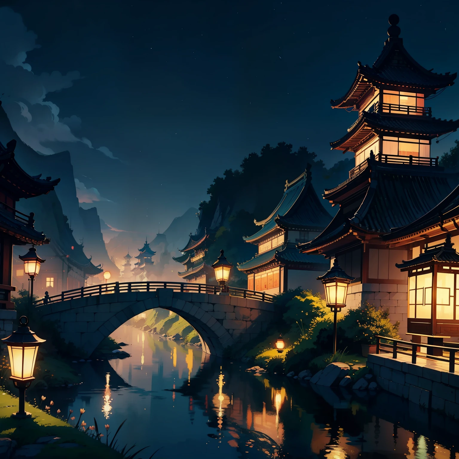 Two people stood on the bridge，There are lanterns hanging in the sky, A beautiful artwork illustration, fairy-tale illustration style, dreamlike illustration, illustration!, Chinese fantasy, Fine quality illustrations, （boy girl traditional romance）, 2 d illustration, 2D illustration, by Yang J, author：Qu Leilei, blurry and dreamy illustration, Digital illustration, natta, A illustration