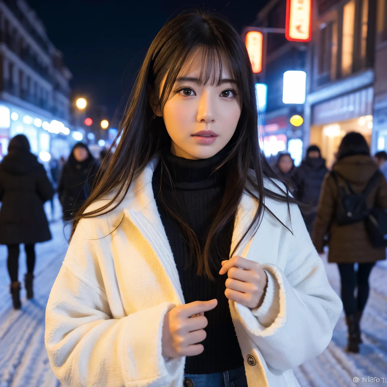 (table top、highest quality、8k、Award-winning work、ultra high resolution)、one beautiful woman、winter、snow scene、It&#39;s snowing、(Chunky down coat and turtleneck knit:1.2)、very romantic and moody、epic movie lighting、(Very huge breasts that are about to burst:1.1)、(Most emphasize the body line:1.1)、very long hair、blurred background、accurate anatomy、ultra high definition hair、ultra high resolutionの完璧な美しい歯、Ultra high definition beauty face、ultra high definition hair、Super high-definition sparkling eyes、輝くultra high resolutionの美肌、ultra high resolutionの艶やかな唇、Walking the streets of Madrid at night