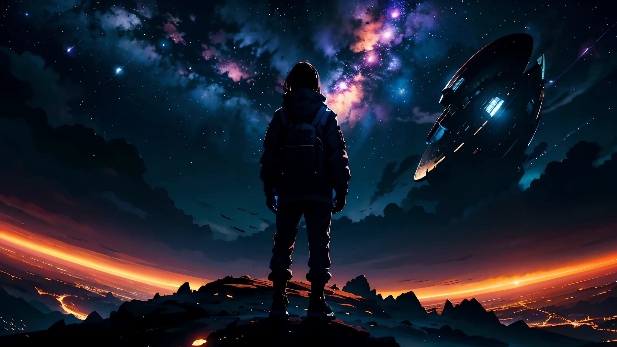 A girl, alone, standing, in outer space, giant star, bright star,milkey way, dim sky, silhouette, spaceship trying to land, advanced space ship, new spaceship design, smaller stars, many stars, (8k super detailed), (masterpiece), ((masterpiece)), ((cinematic quality)), character looking opposite to screen, off-planet, background stars, twilight time, evening time , Dark sky around, Dark sky background, dark clouds, light clouds, crack in sky, character of light, illuminated character, bright character, emphasis on background elements, emphasis on female character.