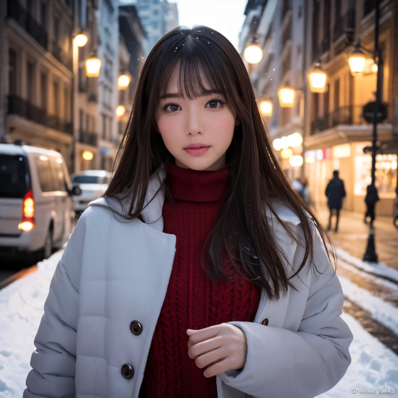 (table top、highest quality、8k、Award-winning work、ultra high resolution)、one beautiful woman、winter、snow scene、It's snowing、(thick down coat:1.2)、(classy red turtleneck knit sweater:1.3)、very romantic and moody、epic movie lighting、(Very huge breasts that are about to burst:1.1)、(Most emphasize the body line:1.1)、very long hair、blurred background、accurate anatomy、ultra high definition hair、ultra high resolutionの完璧な美しい歯、Ultra high definition beauty face、ultra high definition hair、Super high-definition sparkling eyes、輝くultra high resolutionの美肌、ultra high resolutionの艶やかな唇、Walking the streets of Madrid at night