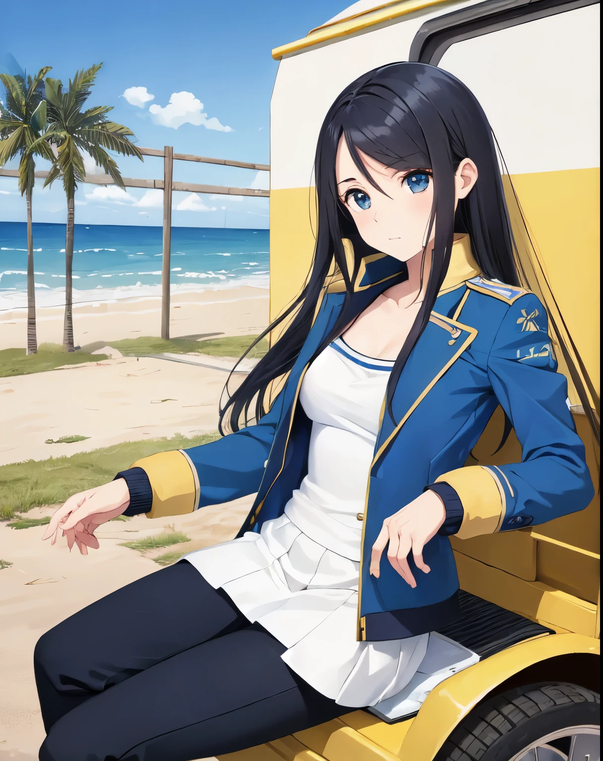 (((obra de arte))), Shizuka Mikazuki, 1 garota, Sozinho, olhando para o espectador, cabelo curto, cabelo castanho, mangas compridas, decote, medium breasts, boca fechada, clavicle, jaqueta, roupas abertas, open jaqueta, blue jaqueta, land vehicle, Esportes bem, bicicleta,