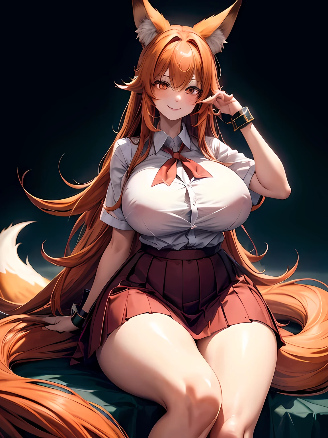 1 girl, long ginger hair, fox ears, only fox ears, crimson eyes, detailed face, huge breasts, wearing school uniform, skirt, tall, long nine fox tails, thicc thighs, wide hips, smile, horny, absurdes, high res, ultra sharp, 8k, masterpiece, looking at viewer