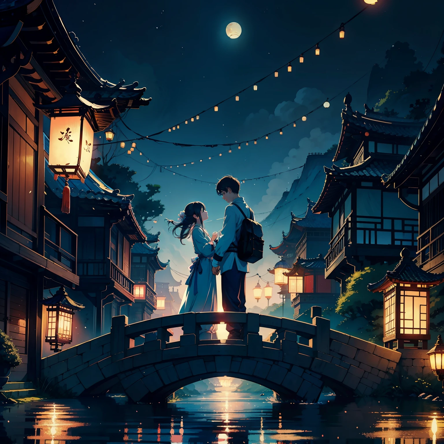 Two people stood on the bridge,There are lanterns hanging in the sky, A beautiful artwork illustration, fairy-tale illustration style, dreamlike illustration, illustration!, Chinese fantasy, Fine quality illustrations, (boy girl traditional romance), 2 d illustration, 2D illustration, by Yang J, author:Qu Leilei, blurry and dreamy illustration, Digital illustration, natta, A illustration