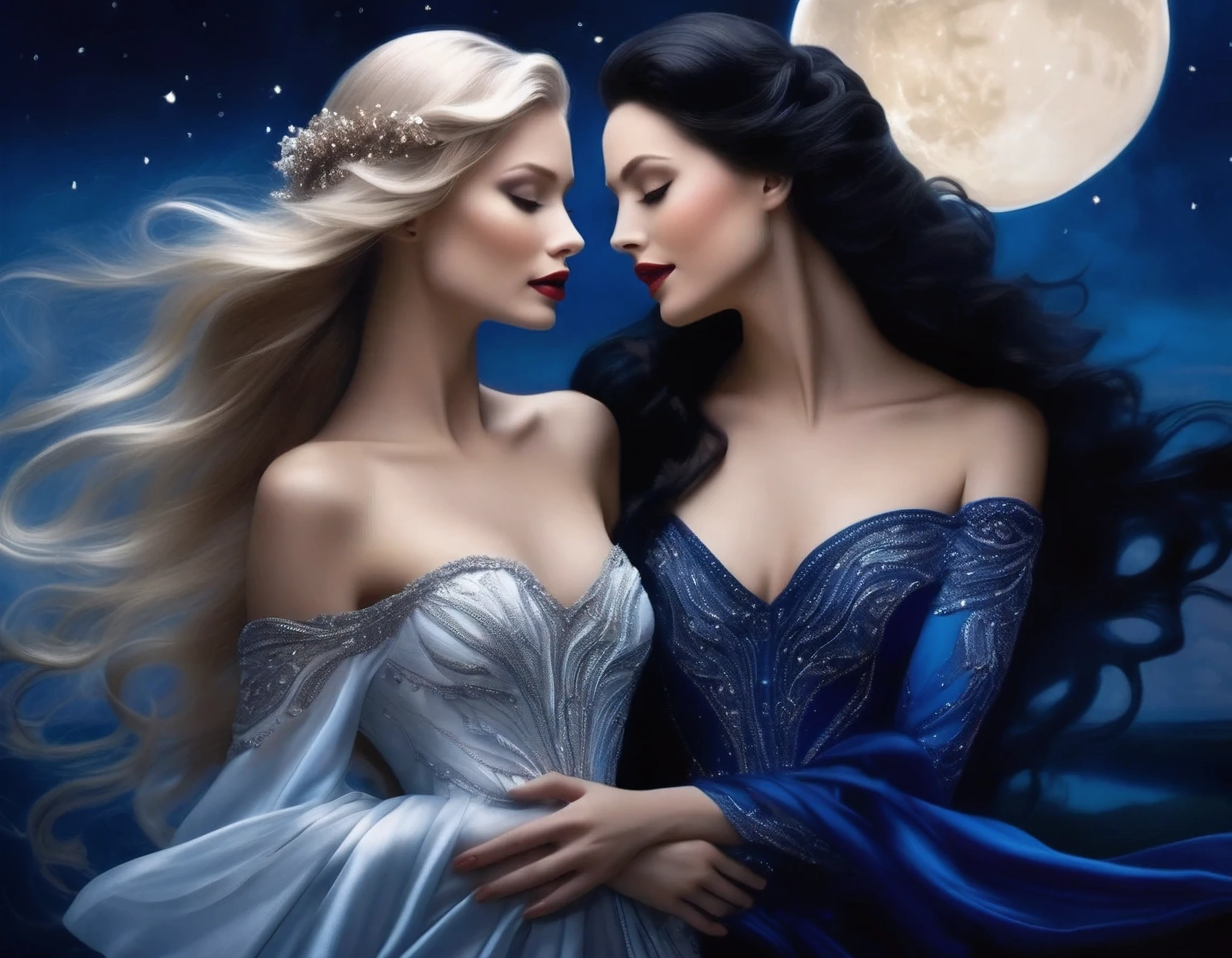 Two Women in the same photo. Sisters In a fantasy setting Both in beautiful gowns of black and white. The first Woman is described as tall and slender, with long, flowing hair that is black like the color of the night sky. My eyes are a deep shade of indigo, with a sparkle that seems almost otherworldly. My skin is smooth, creamy color, with a subtle sheen that catches the light just right. And have a set of luscious, plump lips that are just begging to be kissed. The second woman is described as having long, flowing silver hair that cascades down my back like a river of moonlight. My eyes are an ethereal shade of blue, like the sky on a clear summer day. My skin is as pale as moonlight, and my lips are as red as a ripe cherry, Sensual curves. And, of course, I have a playful, alluring smile that can light up an entire room.