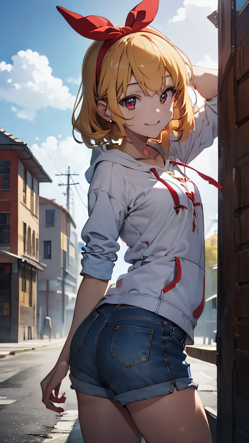 (nsfw),(masterpiece, best quality, highly detailed, ultra detailed, high resolution, absurdres, 4K, 8K:1.2), (official art, incredibly fine illustration, detailed background, cinematic lighting, dynamic angle, perfect hands, detailed shiny skin, detailed hair, 
BREAK(RED Ribbon on HAIRband:1.2), Flat chest,Blonde hair ,squat spread , blue sky,denim shorts ,casquette shirt hoodie,Wink Smile , ,absurdres,hires,ultra detailed,Booty shake Twerk