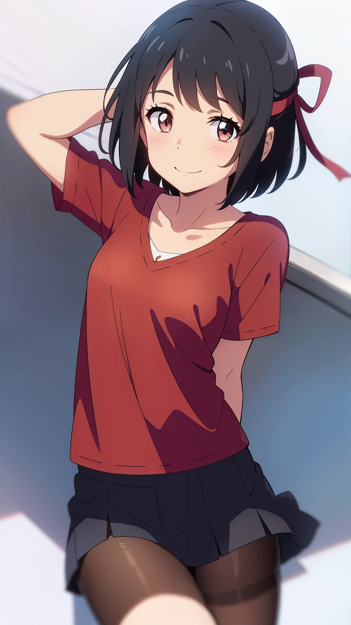 shinkai makoto, kimi no na wa., 1girl, bangs, black hair, blush, bright eyes, brown eyes, red headband, red bow, red ribbon, short hair, smile, cute, beautiful, shiny skin, looking at the viewer, solo, ​happy, red shirt, collarbone, short sleeves, skirt, pantyhose, white background, modelling