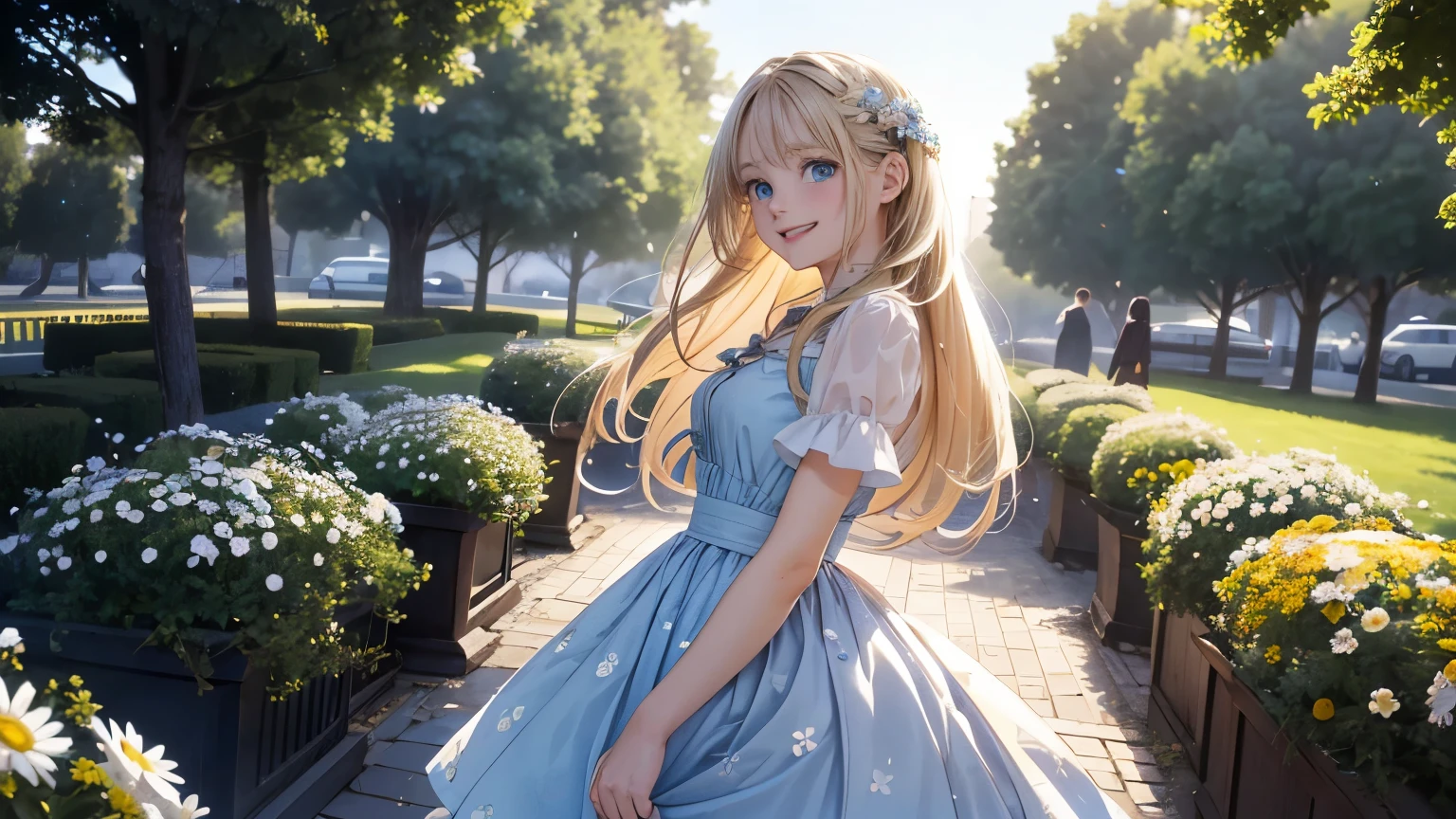 Highest quality 8K resolution,Realistic, Vibrant colors, Soft tones, With warm and gentle lighting,(Smooth straight blonde hair:1.2),(Hair parted in the middle:1.2),(Glowing hair),(Deep Blue Eyes:1.3),(laugh:1.3),Girl walking in town, (Nostalgic atmosphere),The town is surrounded by mysterious boundaries,Cool morning clouds are calm and peaceful,She walks in a field of daisies, The tree々Gentle sunlight illuminates the space,Like multicolored glass,Garden Girl,gentle sunlight,Soft breeze,Delicate flowers,Butterflies flutter by,Mesmerizing natural beauty,Fragments of Shining Stars,Autumn breeze carrying farewell, very young and beautiful, The girl is depicted in full growth, you see the girl from head to toe, nostalgic appeal, girl from the dream, she take you with yourself, she will take your hand
