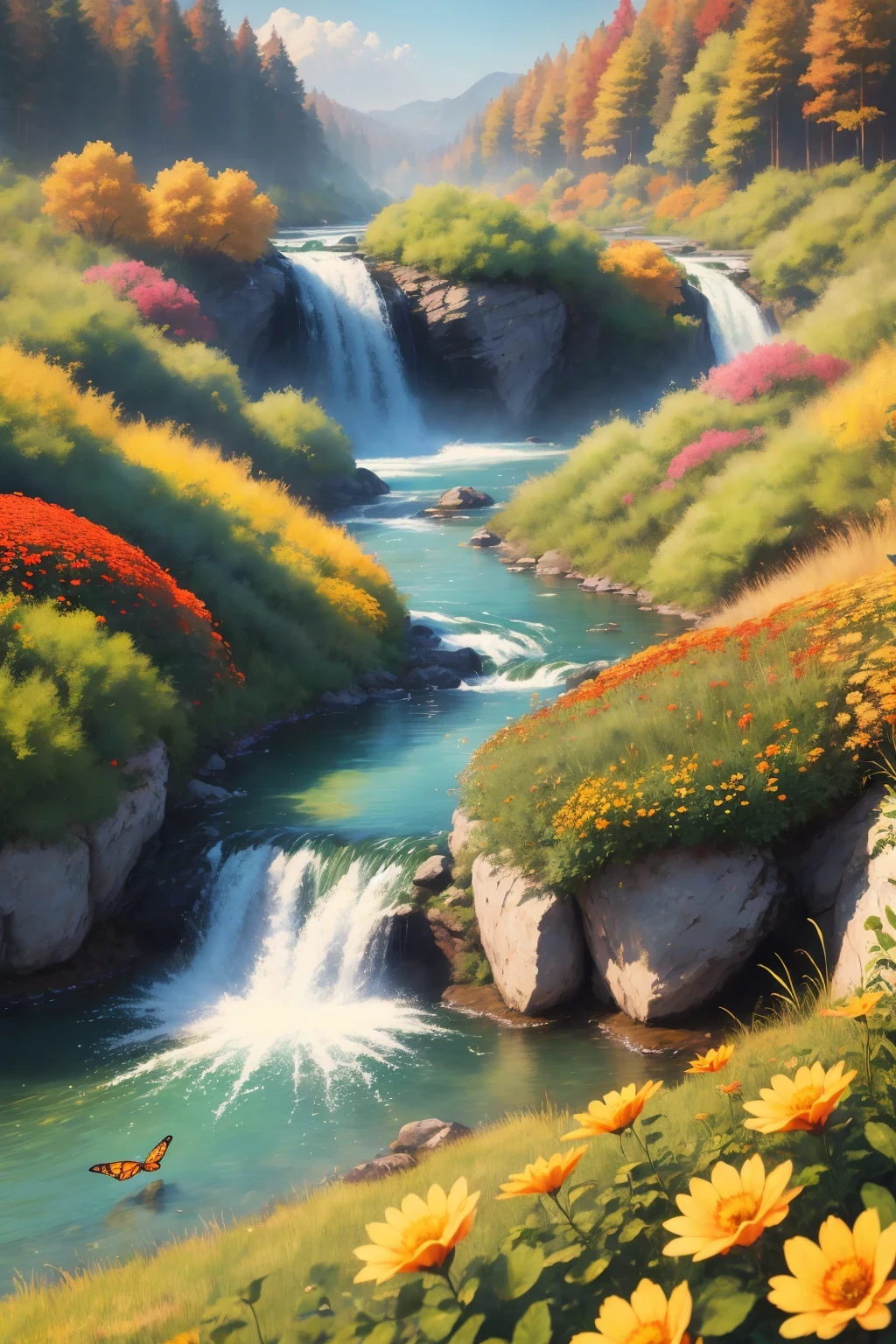 Beautiful majestic fall flowing through Dense vegetation, vibrant flowers, Butterfly dancing in the air, sparkling water splash, peaceful natural landscape ,fall,flowing water,Dense vegetation,vibrant flowers,Butterfly,peaceful scenery,best quality,4k,8k,high resolution,masterpiece:1.2,super detailed,actual:1.37,high dynamic range,ultra high definition,studio lighting,extremely detailed description,professional,bright colors