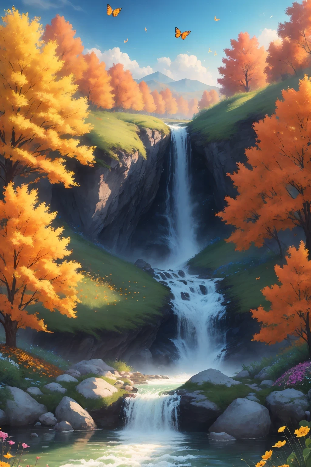 Beautiful majestic fall flowing through Dense vegetation, vibrant flowers, Butterfly dancing in the air, sparkling water splash, peaceful natural landscape ,fall,flowing water,Dense vegetation,vibrant flowers,Butterfly,peaceful scenery,best quality,4k,8k,high resolution,masterpiece:1.2,super detailed,actual:1.37,high dynamic range,ultra high definition,studio lighting,extremely detailed description,professional,bright colors