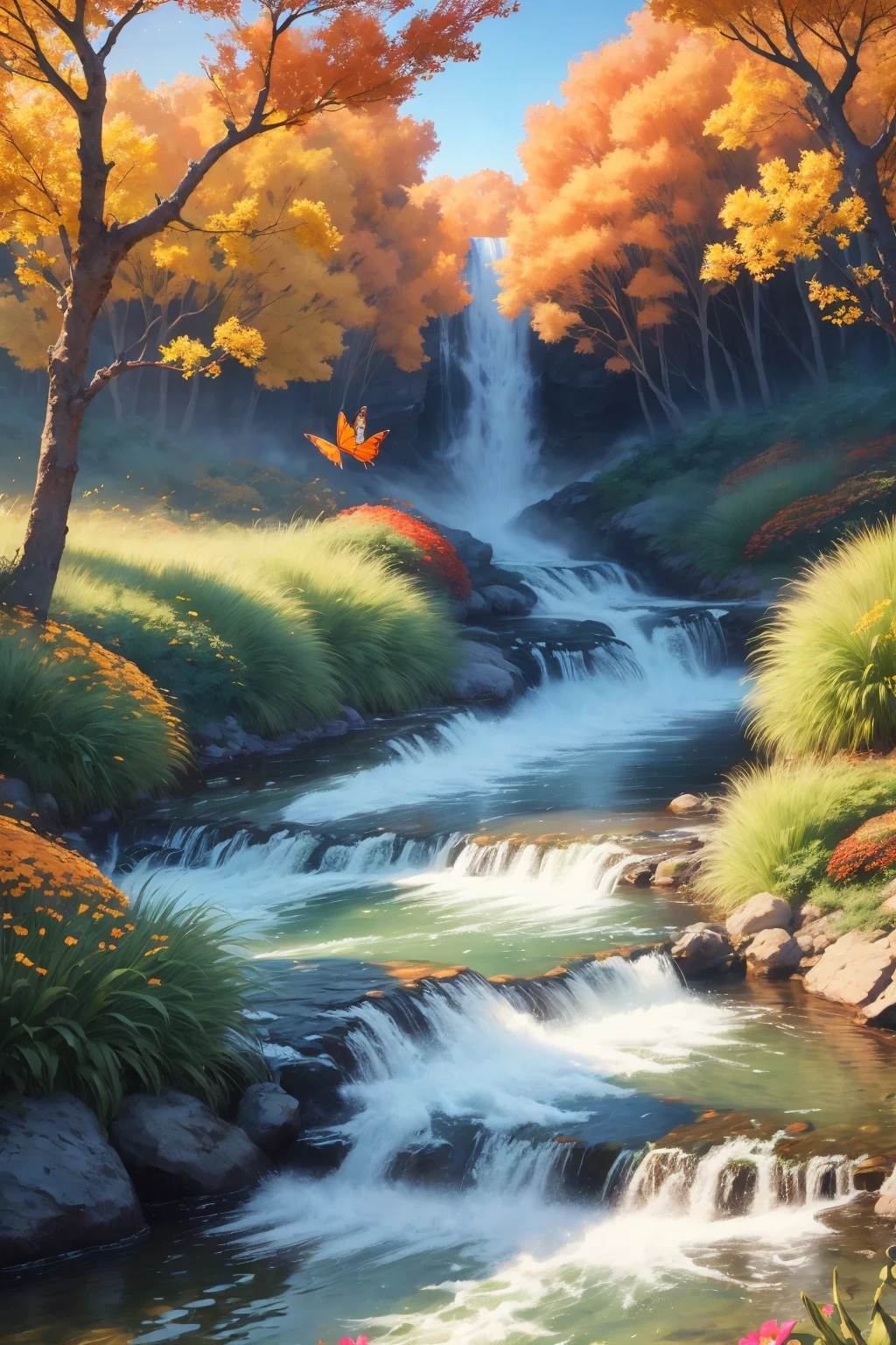 Beautiful majestic fall flowing through Dense vegetation, vibrant flowers, Butterfly dancing in the air, sparkling water splash, peaceful natural landscape ,fall,flowing water,Dense vegetation,vibrant flowers,Butterfly,peaceful scenery,best quality,4k,8k,high resolution,masterpiece:1.2,super detailed,actual:1.37,high dynamic range,ultra high definition,studio lighting,extremely detailed description,professional,bright colors